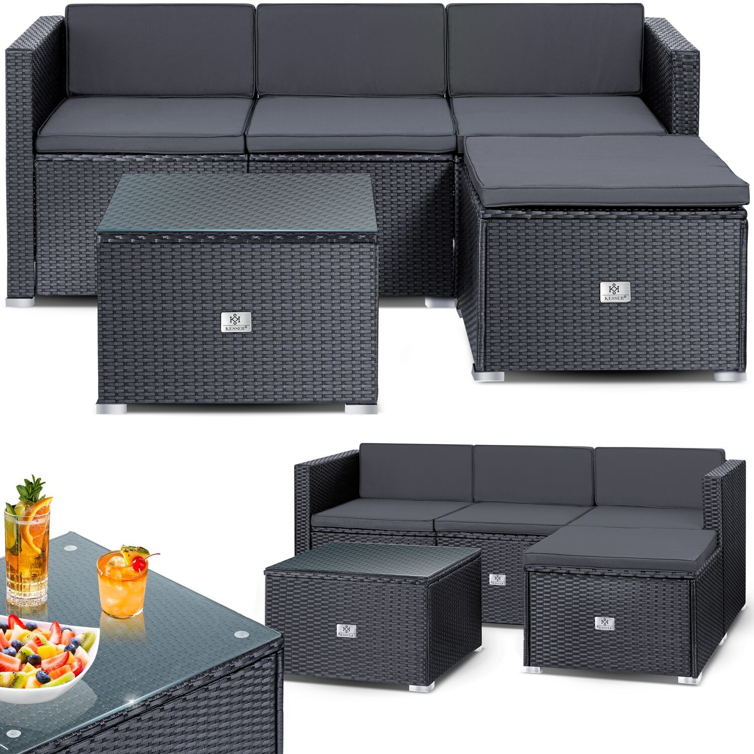 KESSER Polyrattan Lounge Aruba – Gartenlounge für 3-4 Personen Gartenmöbel-Set Sitzgruppe aus 3er Gartensofa, Sessel, Hocker und Beistelltisch mit Sitzkissen - für Garten, Terrasse un