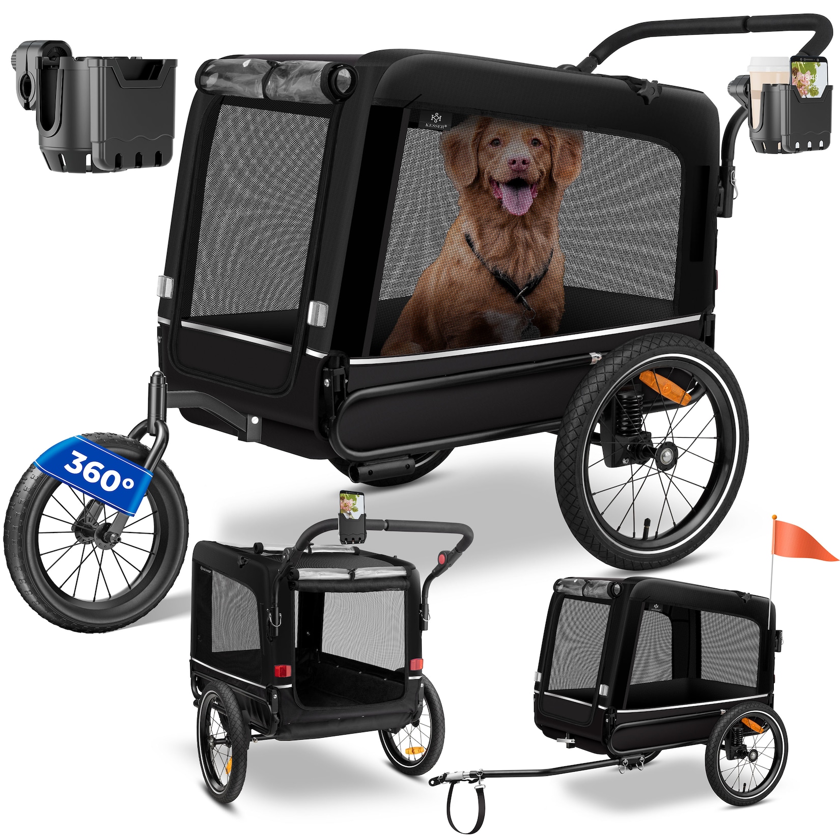 KESSER® Hundeanhänger Boxer 3-in-1 Hundebuggy & Jogger Fahrradanhänger groß ca. 240 Liter Volumen, gefedert, 360° Grad Vorderrad, 600D Oxford Canvas, SmartSpace Concept, maximale Belastbarkeit: 40 kg