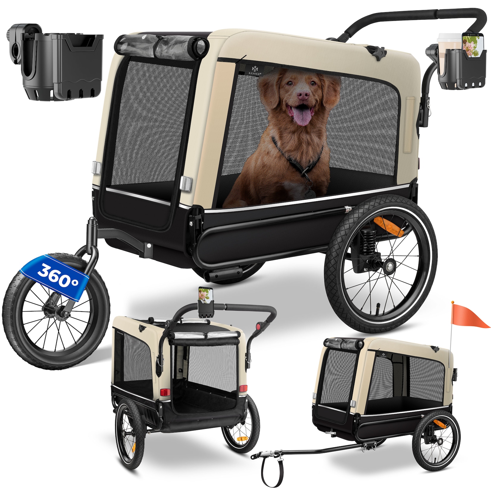 KESSER® Hundeanhänger Boxer 3-in-1 Hundebuggy & Jogger Fahrradanhänger groß ca. 240 Liter Volumen, gefedert, 360° Grad Vorderrad, 600D Oxford Canvas, SmartSpace Concept, maximale Belastbarkeit: 40 kg
