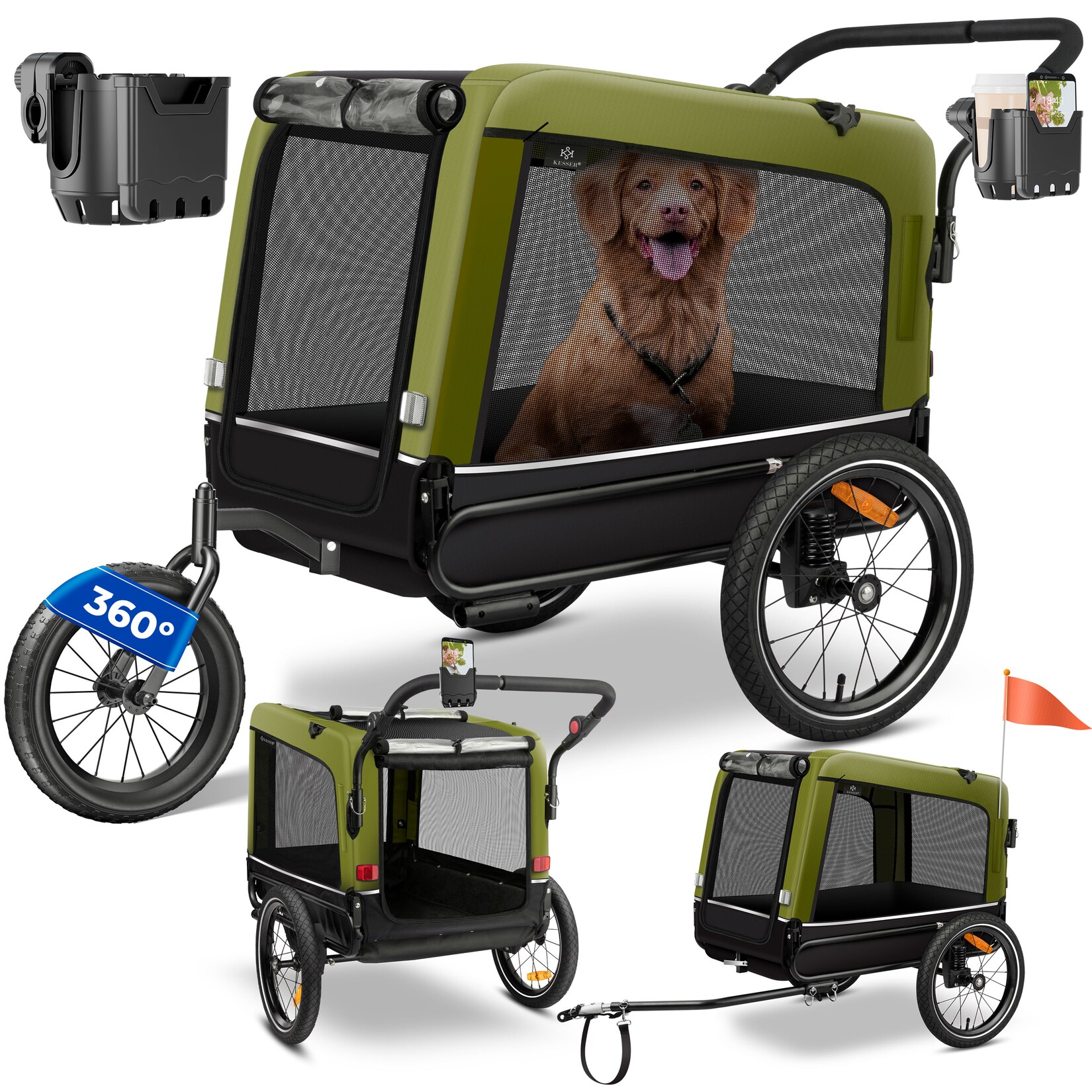 KESSER® Hundeanhänger Boxer 3-in-1 Hundebuggy & Jogger Fahrradanhänger groß ca. 240 Liter Volumen, gefedert, 360° Grad Vorderrad, 600D …