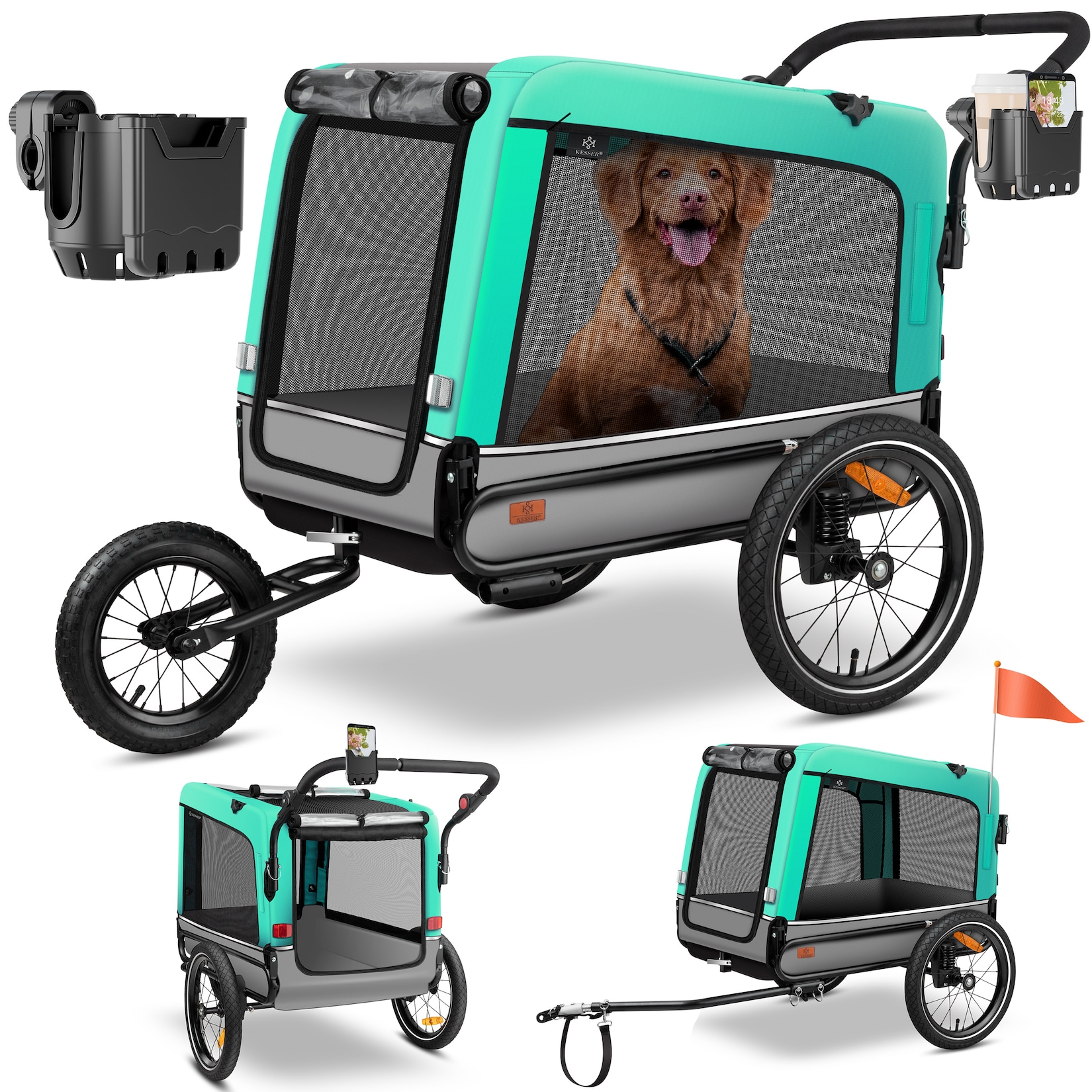 KESSER® Hundeanhänger Boxer 3-in-1 Hundebuggy & Jogger Fahrradanhänger groß ca. 240 Liter Volumen, gefedert, Material: 6