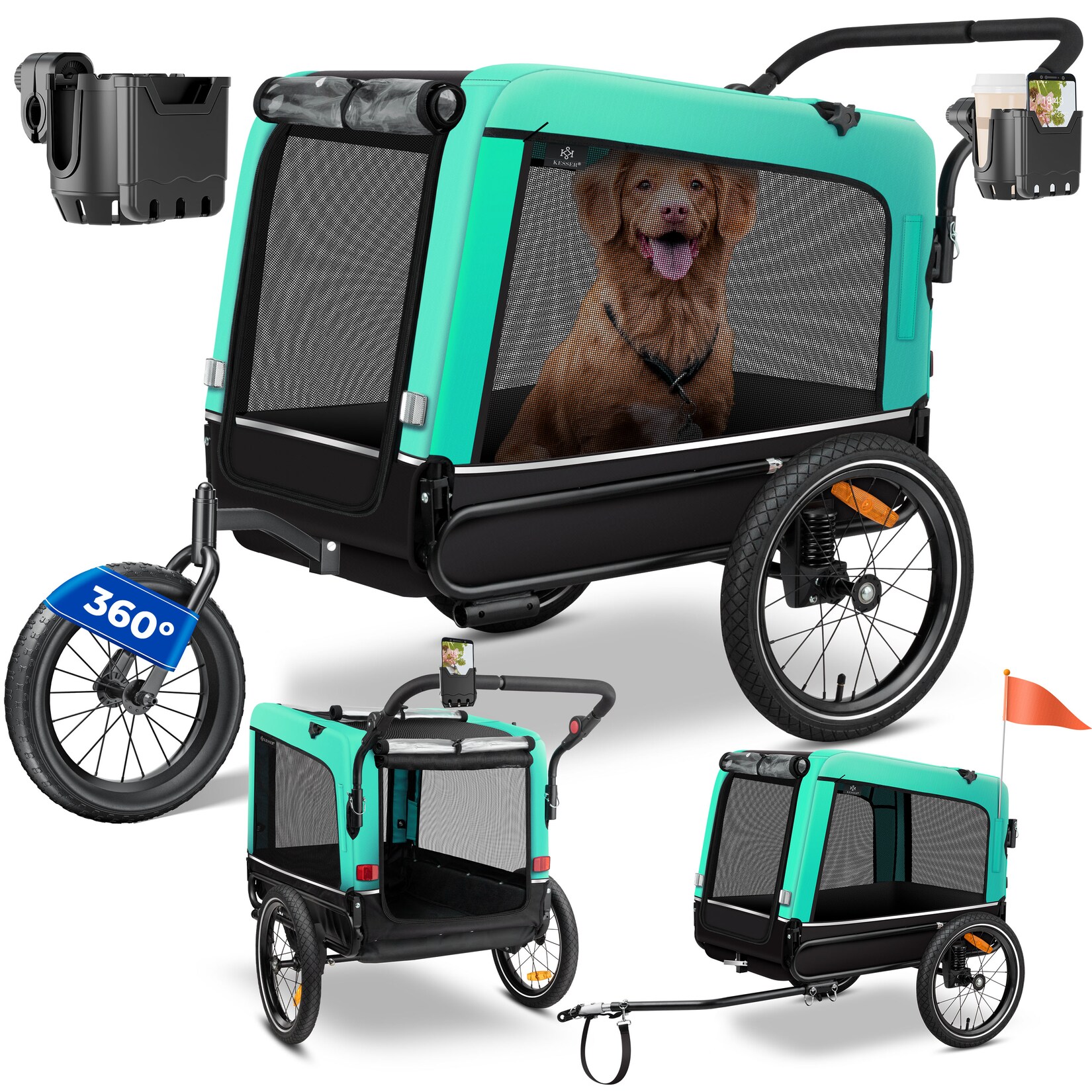 KESSER® Hundeanhänger Boxer 3-in-1 Hundebuggy & Jogger Fahrradanhänger groß ca. 240 Liter Volumen, gefedert, 360° Grad Vorderrad, 600D Oxford Canvas, SmartSpace Concept, maximale Belastbarkeit: 40 kg