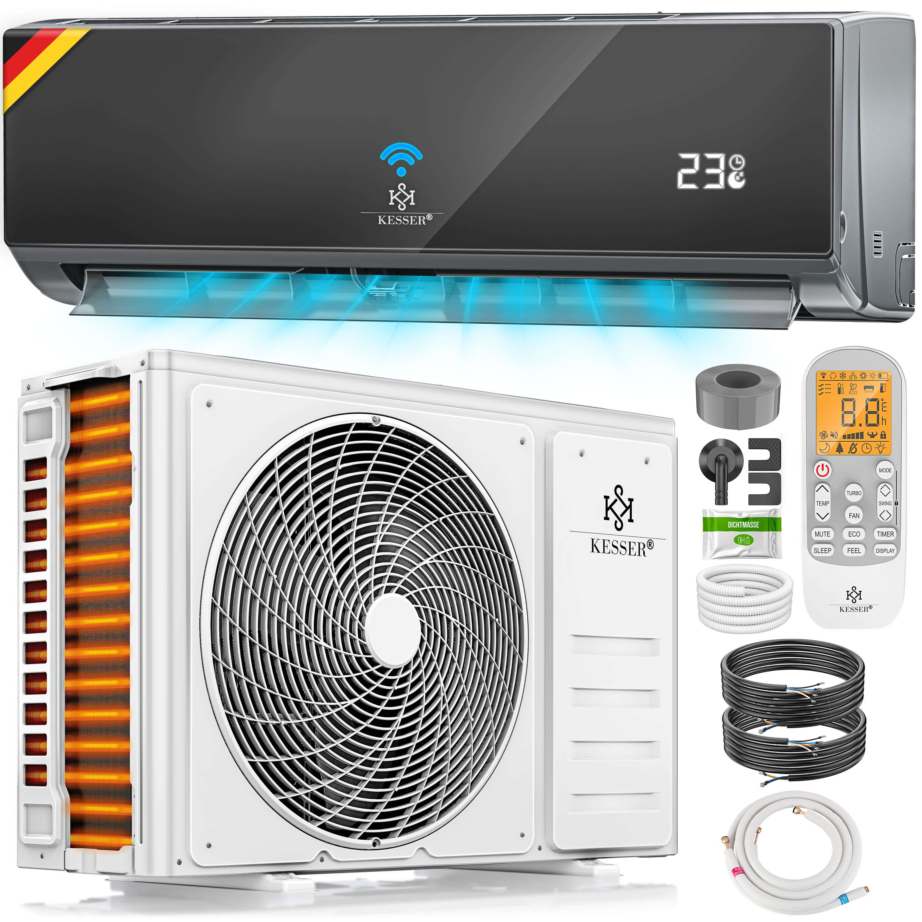 KESSER&reg; Klimaanlage SET Split - Klimager&auml;t mit WiFi/App Funktion - K&uuml;hlen A++/ Heizen A+ , K&auml;ltemittel R32 - LCD-Display , Fernbedienung und Timerfunktion - Inkl. komplettem Montagematerial, Split 90 - Bild 1