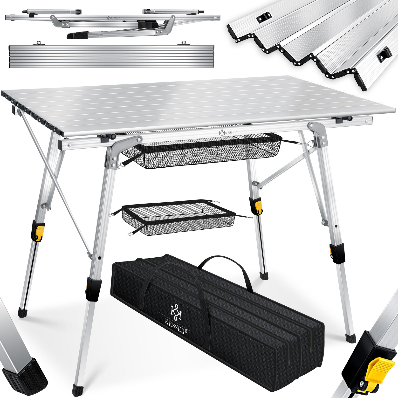 KESSER® Campingtisch faltbar Klapptisch mit Aluminiumrahmen Aufrollbare Tischplatte Falttisch klappbar höhenverstellbar inkl. Tragetasche mit Trageband & Netztasche