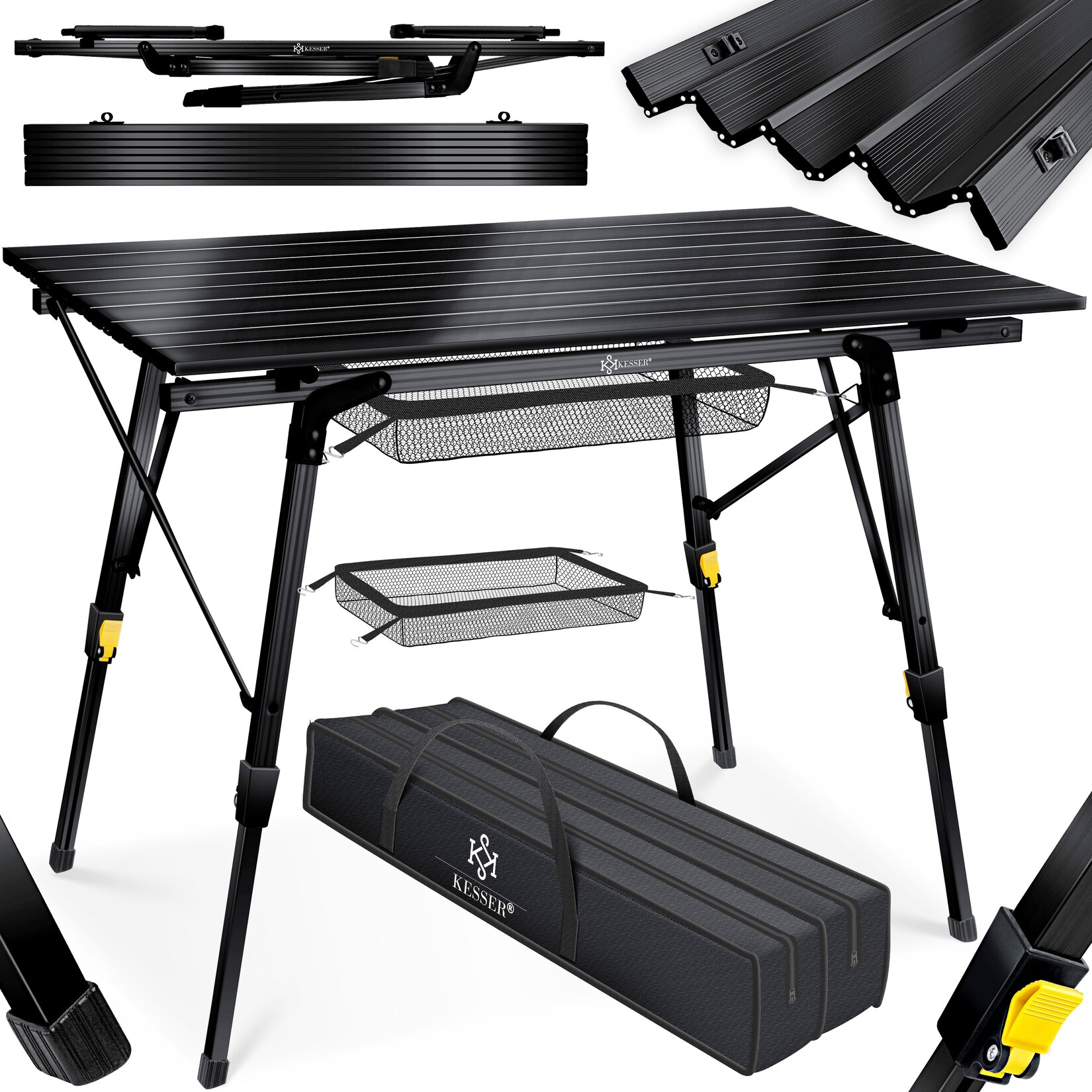 KESSER® Campingtisch faltbar Klapptisch mit Aluminiumrahmen Aufrollbare Tischplatte Falttisch klappbar höhenverstellbar inkl. Tragetasche mit Trageband & Netztasche