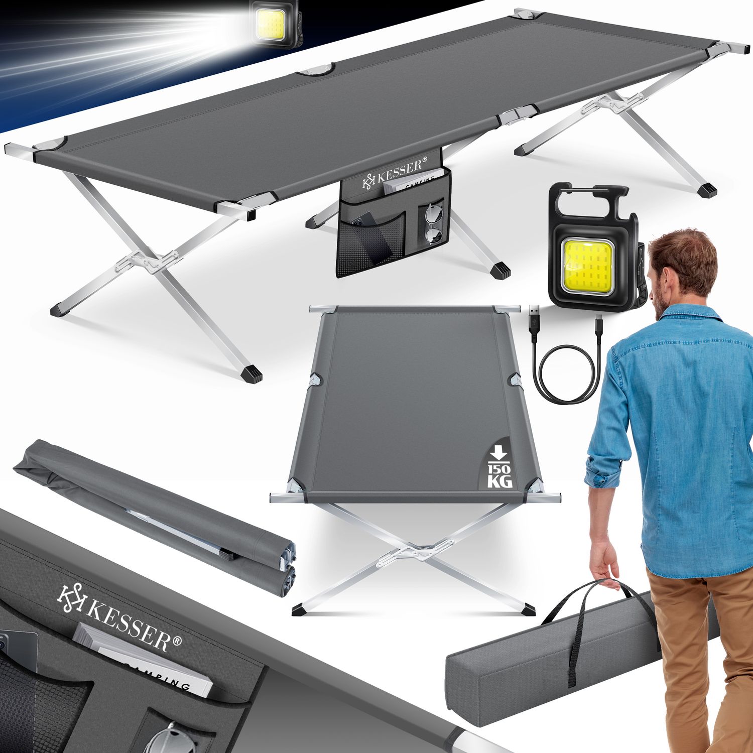 KESSER&reg; Campingbett Klappbett Inkl.Tragetasche und Seitentasche Stabiles Feldbett 150 kg Belastbar Metallrohr 600D Oxfordgewebe Tragbar Liege Reise Bequem - Bild 1