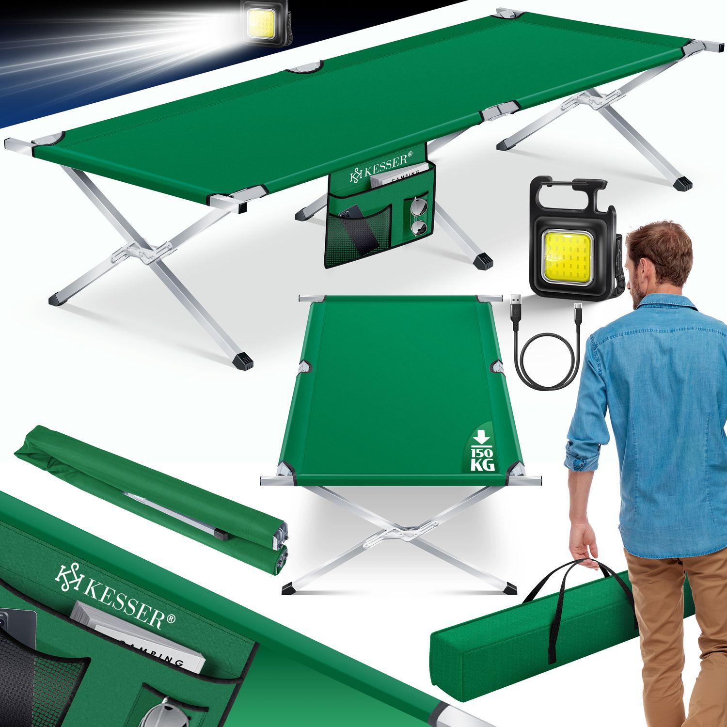 KESSER&reg; Campingbett Klappbett Inkl.Tragetasche und Seitentasche Stabiles Feldbett 150 kg Belastbar Metallrohr 600D Oxfordgewebe Tragbar Liege Reise Bequem - Bild 1