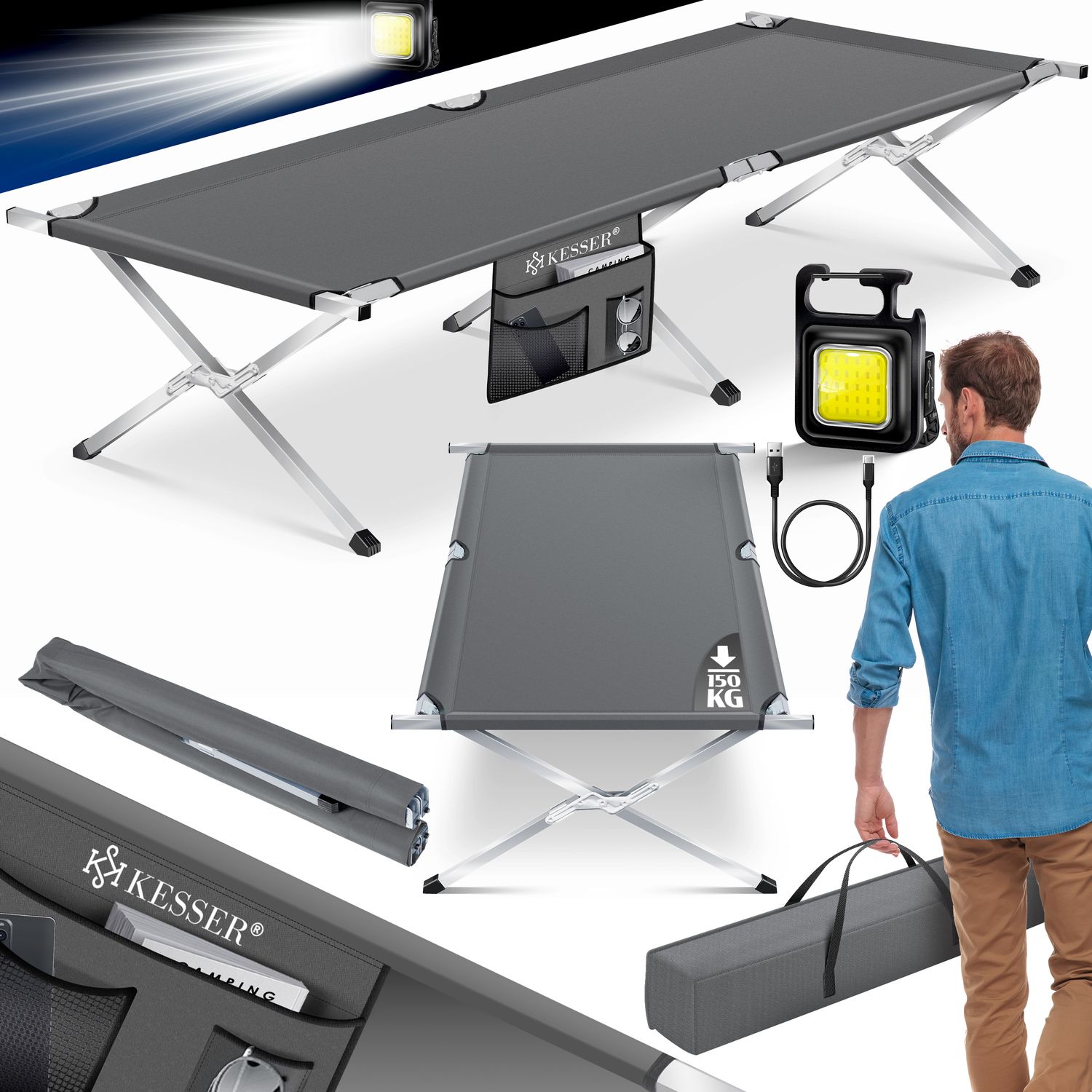 KESSER&reg; Campingbett Klappbett Inkl.Tragetasche und Seitentasche Stabiles Feldbett 150 kg Belastbar Metallrohr 600D Oxfordgewebe Tragbar Liege Reise Bequem - Bild 1