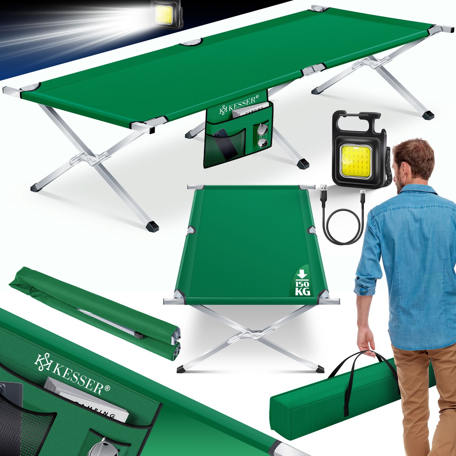 KESSER&reg; Campingbett Klappbett Inkl.Tragetasche und Seitentasche Stabiles Feldbett 150 kg Belastbar Metallrohr 600D Oxfordgewebe Tragbar Liege Reise Bequem - Bild 1