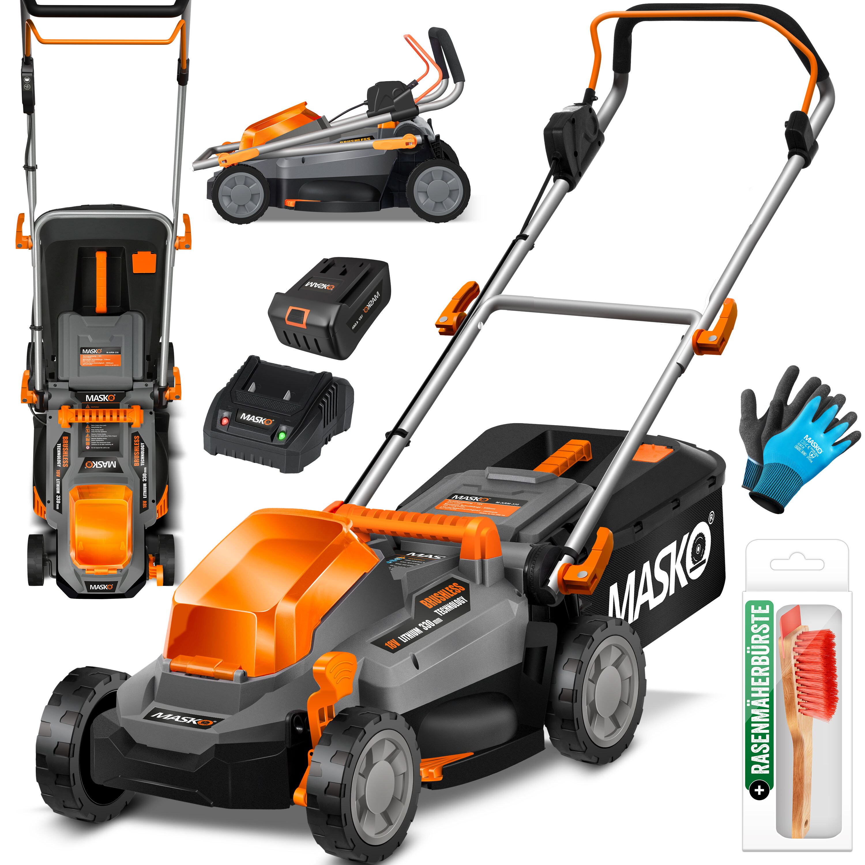 MASKO&reg; Akku Rasenm&auml;her ECO-X10 inkl. 1 oder 2 Akkus Li-Ion Batterie 4 Ah & Doppel-Ladeger&auml;t &ndash; Rasentrimmer, 25-75mm Schnitth&ouml;henverstellung, 33/37/43cm Schnittbreite, Inkl. Handschuhe & B&uuml;rste - Bild 1