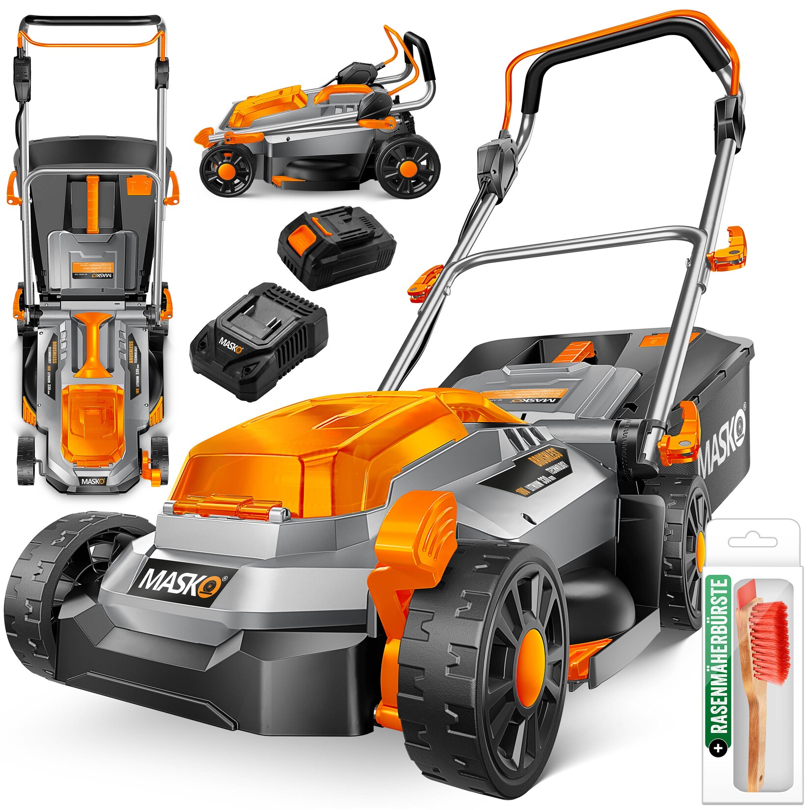 MASKO® Akku Rasenmäher ECO-X10 inkl. 1 oder 2 Akkus Li-Ion Batterie 4 Ah & Doppel-Ladegerät – Rasentrimmer, 25-75mm Schnitthöhenverstellung, 33/37/43cm Schnittbreite, Inkl. Handschuhe & Bürste