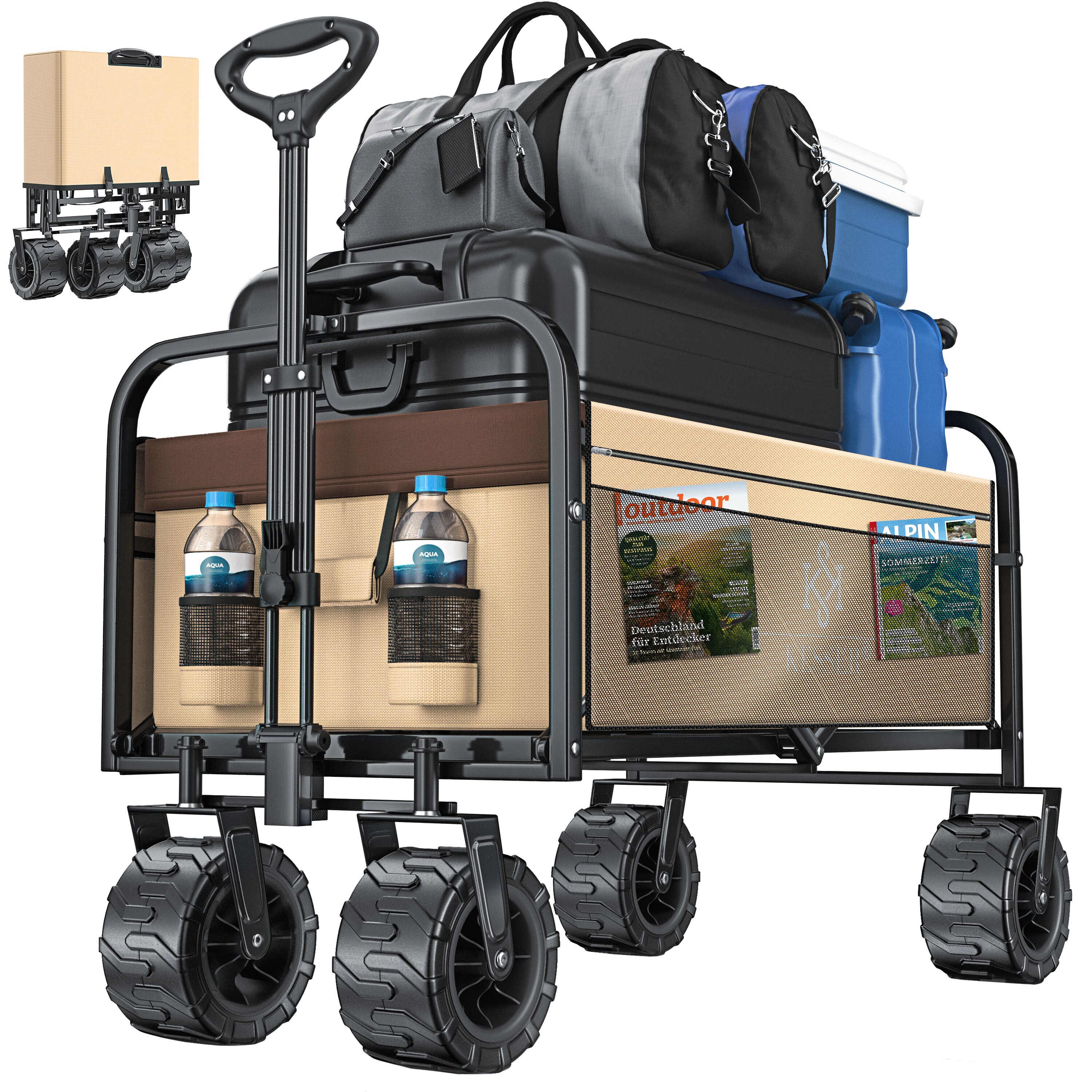 KESSER&reg; Bollerwagen faltbar mit Breite Reifen Handwagen Transportkarre Ger&auml;tewagen | inkl. 2 Netztaschen | klappbar | Kunststoff-Reifen | bis 150 kg Tragkraft transportwagen Gartenanh&auml;nger - Bild 1