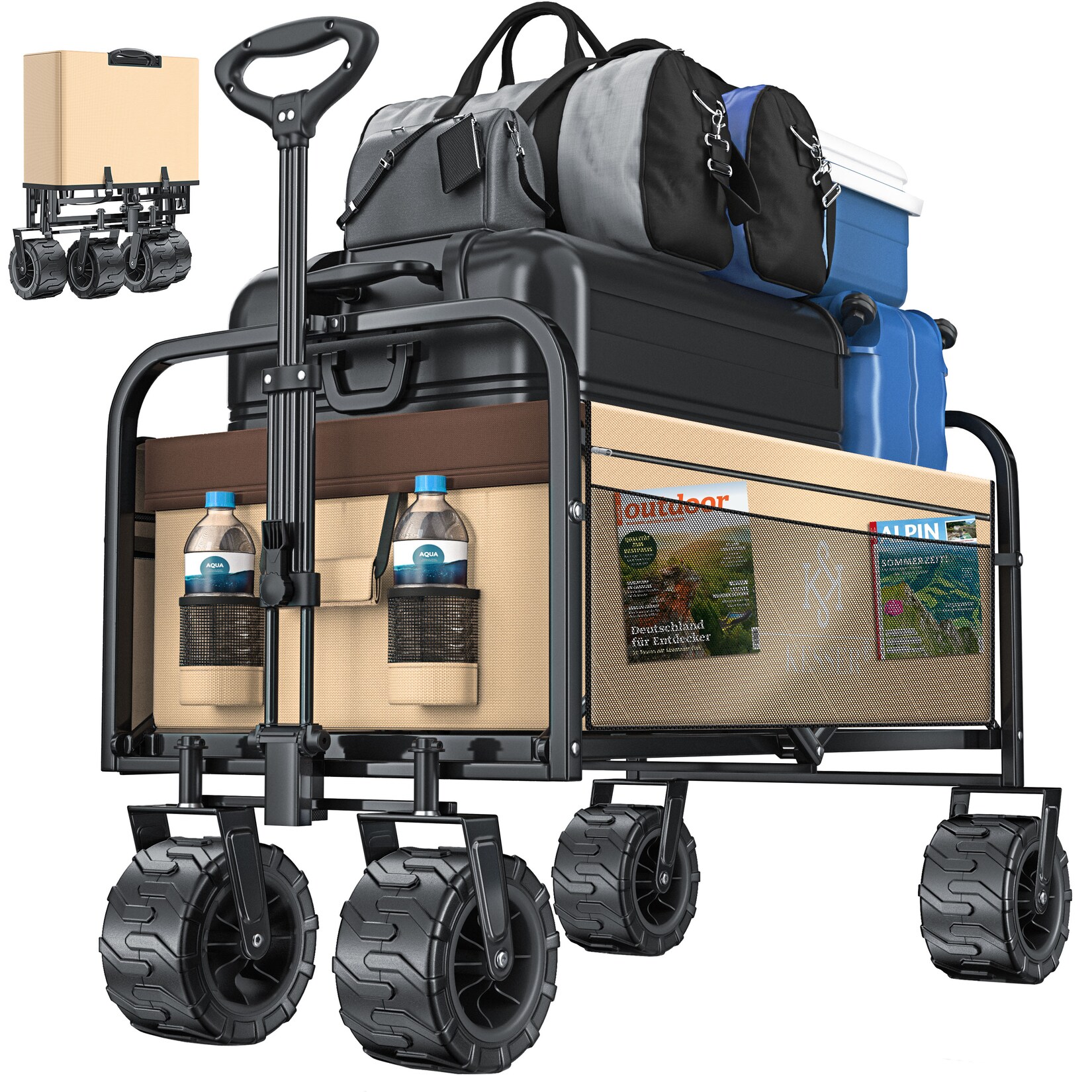 KESSER® Bollerwagen faltbar mit Breite Reifen Handwagen Transportkarre Gerätewagen inkl. 2 Netztaschen klappbar Kunststoff-Reifen bis 150 kg Tragkraft transportwagen Gartenanhänger