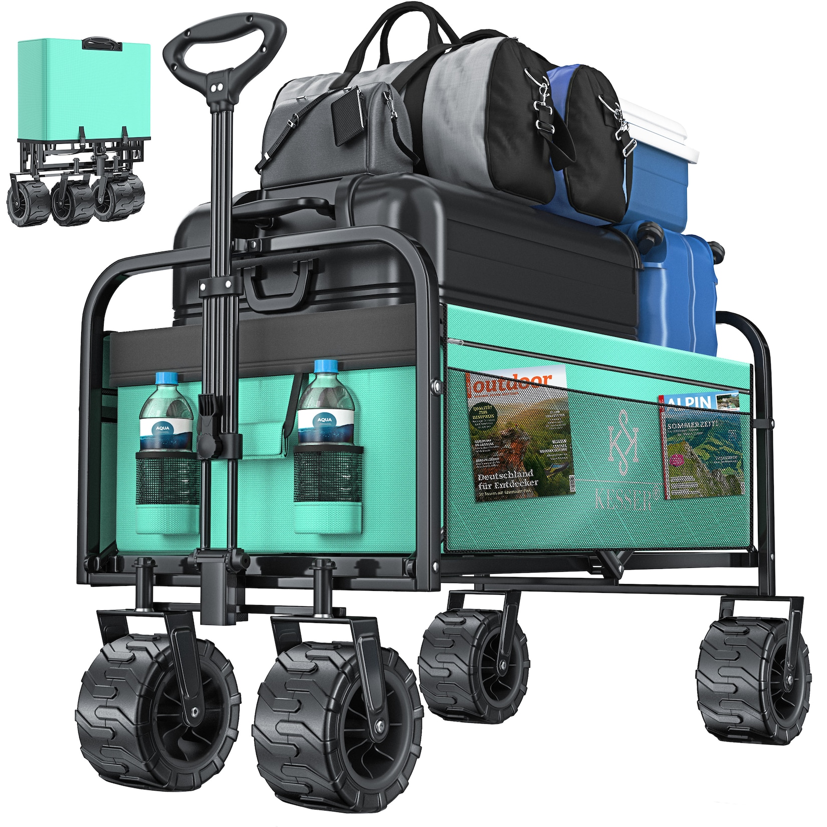 KESSER® Bollerwagen faltbar mit Breite Reifen Handwagen Transportkarre Gerätewagen inkl. 2 Netztaschen klappbar Kunststoff-Reifen bis 150 kg Tragkraft transportwagen Gartenanhänger