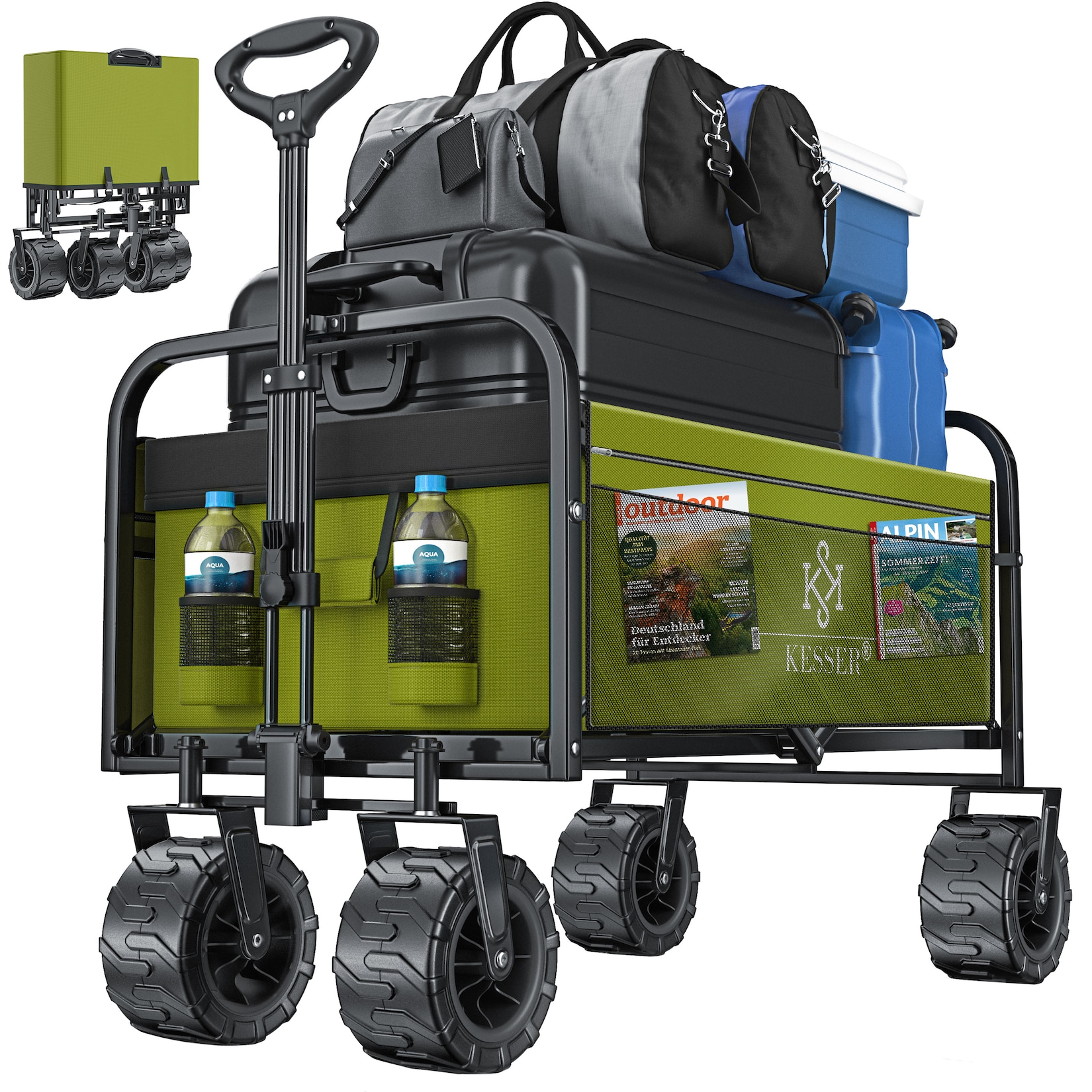 KESSER® Bollerwagen faltbar mit Breite Reifen Handwagen Transportkarre Gerätewagen inkl. 2 Netztaschen klappbar Kunststoff-Reifen bis 150 kg Tragkraft transportwagen Gartenanhänger