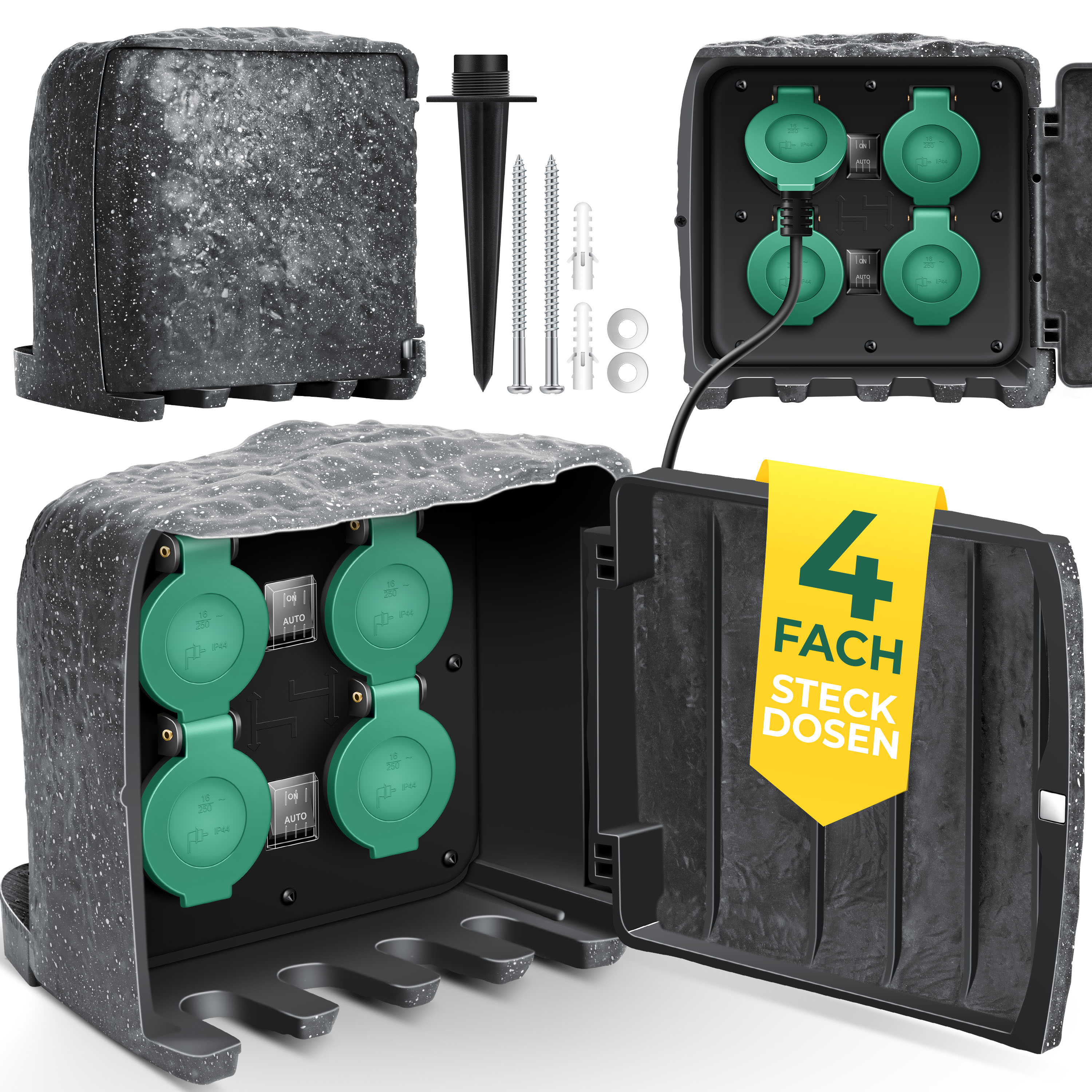 KESSER&reg; Gartensteckdose Steinoptik mit 4 Steckpl&auml;tzen Inkl.Erdspie&szlig;, Mehrfachsteckdosen aussen mit 3m Verl&auml;ngerungskabel Au&szlig;ensteckdose IP44 Wasserdicht Steinsteckdose mit ON/Auto D&auml;mmerungssensor - Bild 1