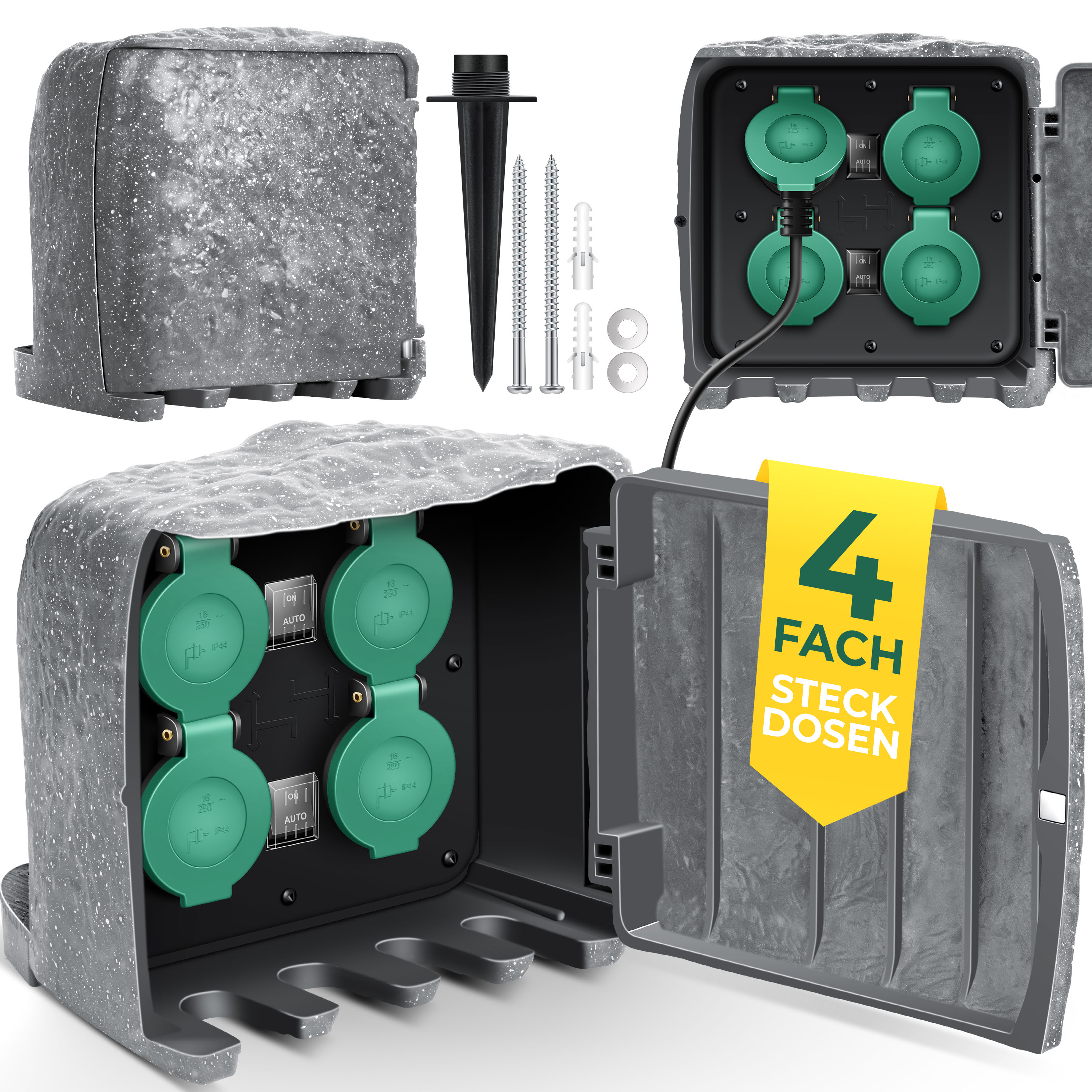KESSER&reg; Gartensteckdose Steinoptik mit 4 Steckpl&auml;tzen Inkl.Erdspie&szlig;, Mehrfachsteckdosen aussen mit 3m Verl&auml;ngerungskabel Au&szlig;ensteckdose IP44 Wasserdicht Steinsteckdose mit ON/Auto D&auml;mmerungssensor - Bild 1