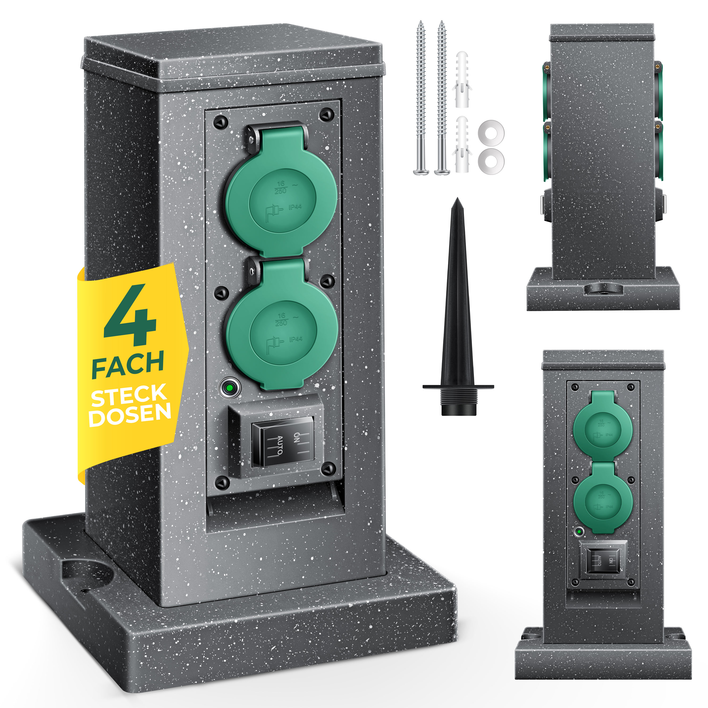 KESSER&reg; Gartensteckdose Steinoptik mit 4 Steckpl&auml;tzen Inkl.Erdspie&szlig;, Mehrfachsteckdosen aussen mit 3m Verl&auml;ngerungskabel Au&szlig;ensteckdose IP44 Wasserdicht Steinsteckdose mit ON/Auto D&auml;mmerungssensor - Bild 1