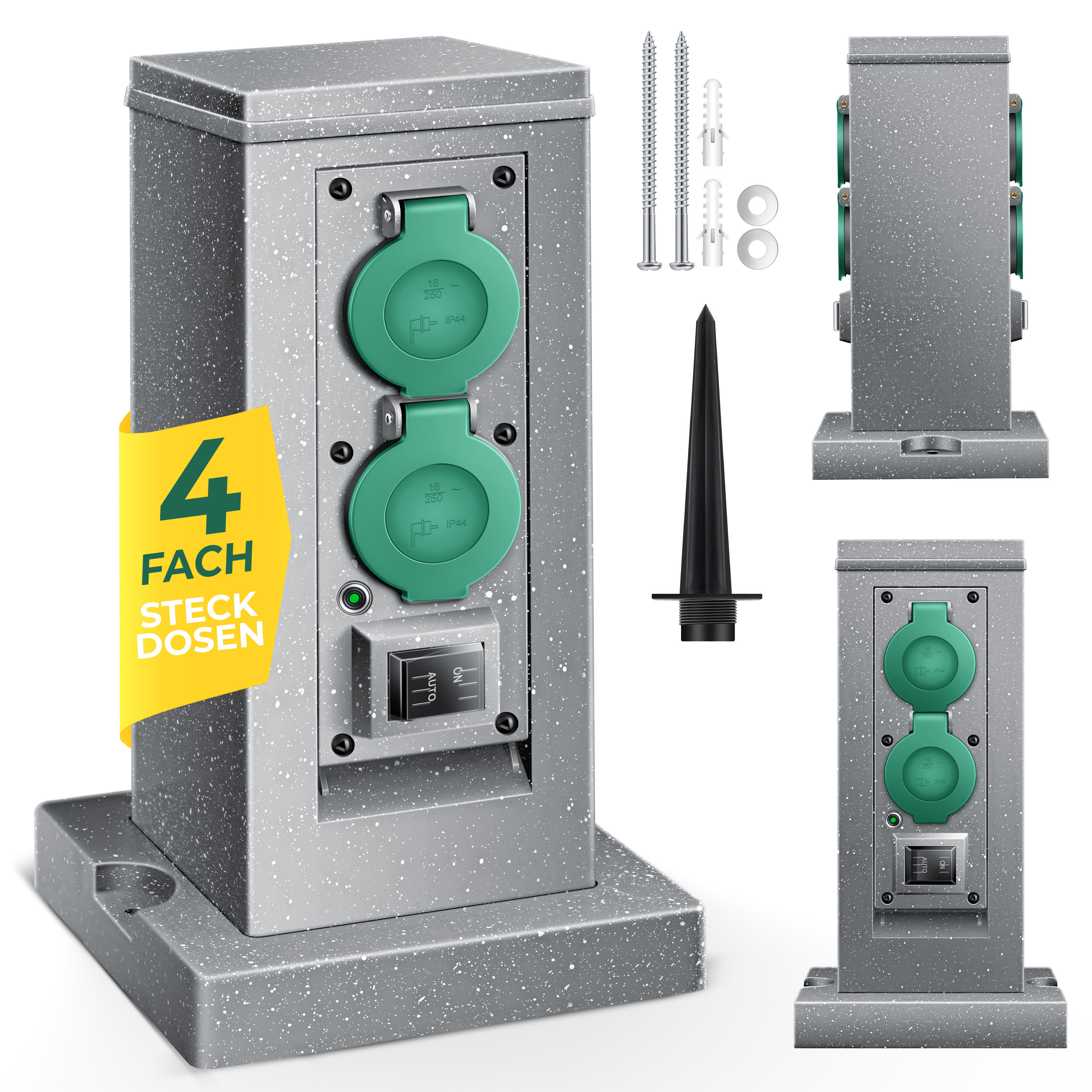 KESSER&reg; Gartensteckdose Steinoptik mit 4 Steckpl&auml;tzen Inkl.Erdspie&szlig;, Mehrfachsteckdosen aussen mit 3m Verl&auml;ngerungskabel Au&szlig;ensteckdose IP44 Wasserdicht Steinsteckdose mit ON/Auto D&auml;mmerungssensor - Bild 1