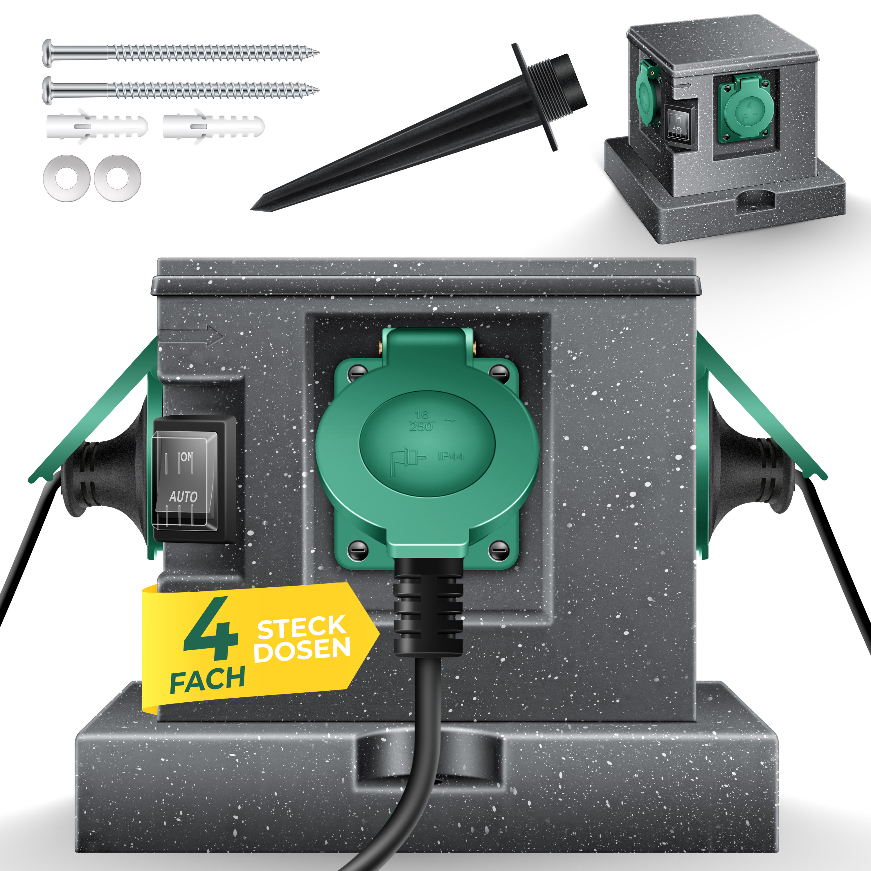 KESSER&reg; Gartensteckdose Steinoptik mit 4 Steckpl&auml;tzen Inkl.Erdspie&szlig;, Mehrfachsteckdosen aussen mit 3m Verl&auml;ngerungskabel Au&szlig;ensteckdose IP44 Wasserdicht Steinsteckdose mit ON/Auto D&auml;mmerungssensor - Bild 1