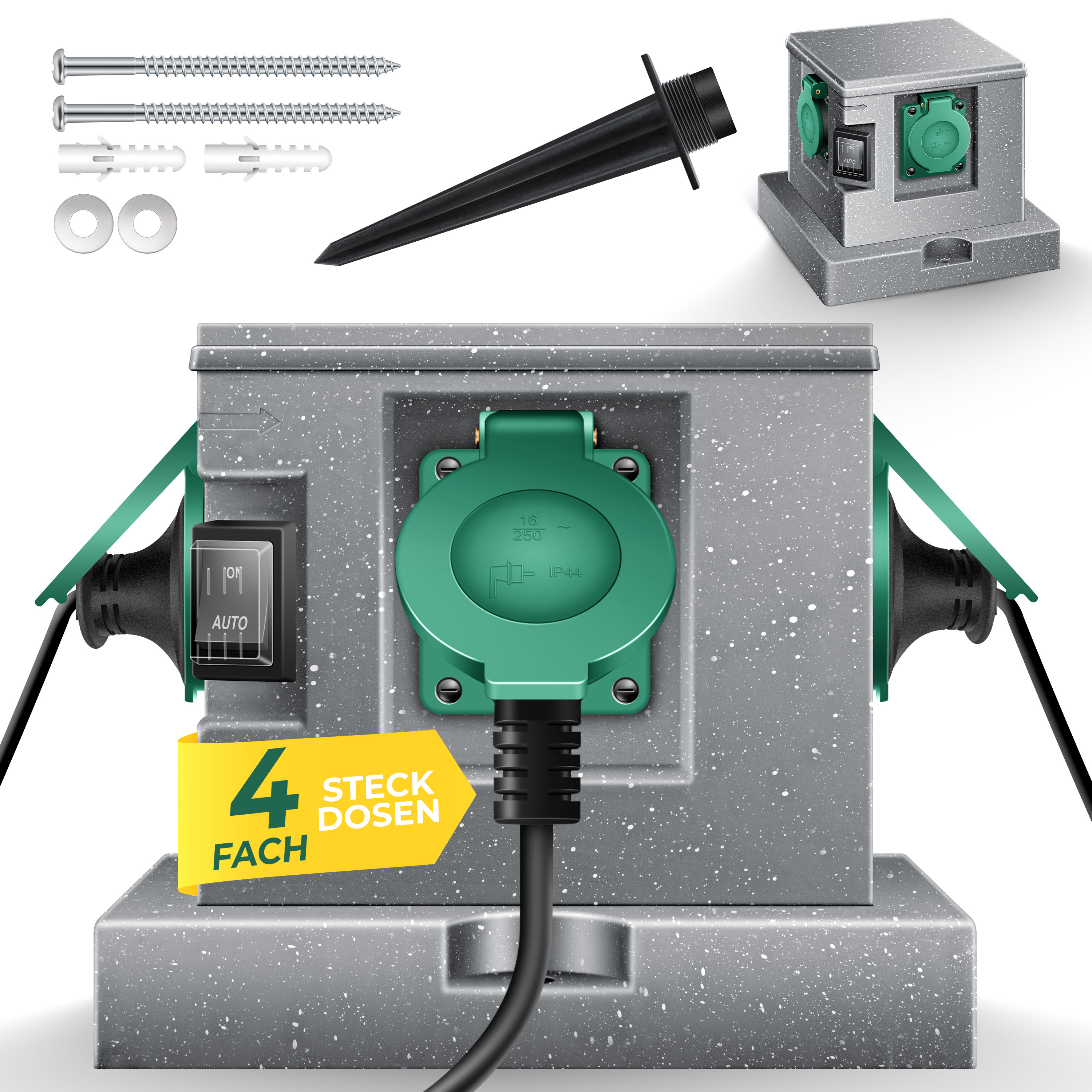 KESSER&reg; Gartensteckdose Steinoptik mit 4 Steckpl&auml;tzen Inkl.Erdspie&szlig;, Mehrfachsteckdosen aussen mit 3m Verl&auml;ngerungskabel Au&szlig;ensteckdose IP44 Wasserdicht Steinsteckdose mit ON/Auto D&auml;mmerungssensor - Bild 1