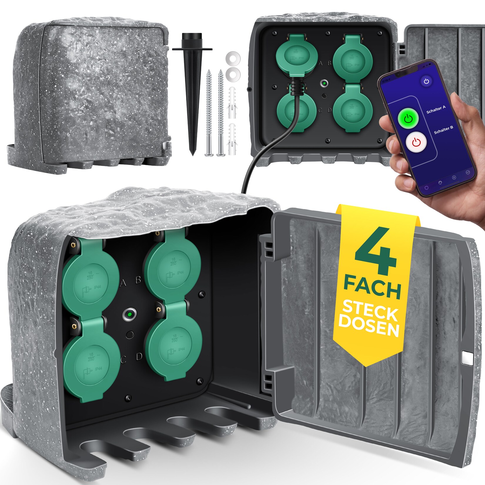 KESSER Gartensteckdose Steinoptik mit 4 Steckplätzen - mit WiFi Funktion Steuerung per App - Inkl.Erdspieß, Mehrfachsteckdosen aussen mit 3m Verlängerungskabel Außensteckdose IP44 Dämmerungssensor