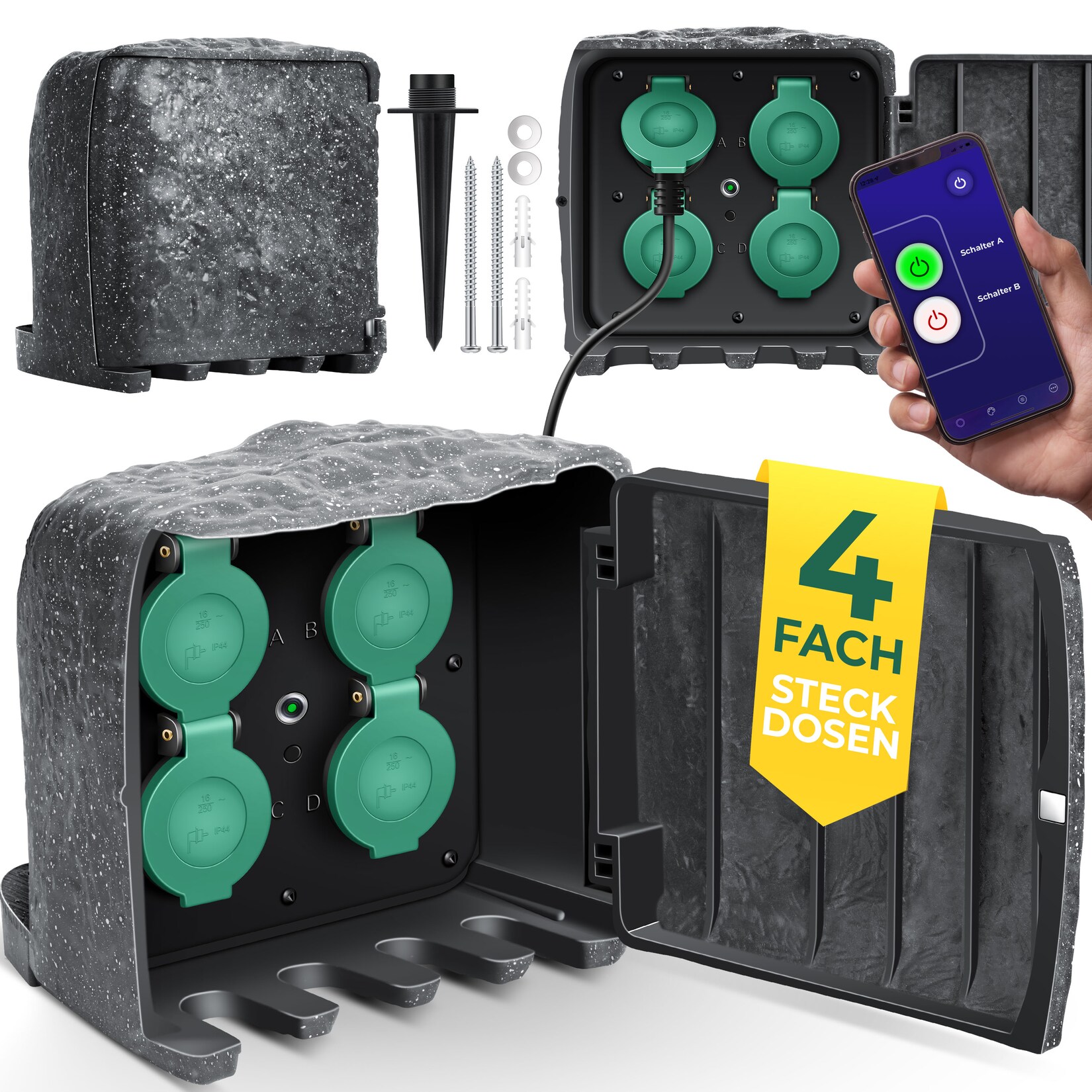 KESSER® Gartensteckdose Steinoptik mit 4 Steckplätzen - mit WiFi Funktion Steuerung per App - Inkl.Erdspieß, Mehrfachsteckdosen aussen mit 3m Verlängerungskabel Außensteckdose IP44 Dämmerungssensor