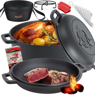 KESSER® Dutch Oven 2in1 Gusseisen Topf 4,8L und Pfanne 1,8L einsatzfertig eingebrannt Inkl. Kochbuch Schmortopf Doppelfunktion Deckel/Bratpfanne für Küche Camping Garten BBQ Backen Gasgrill - Bild 1