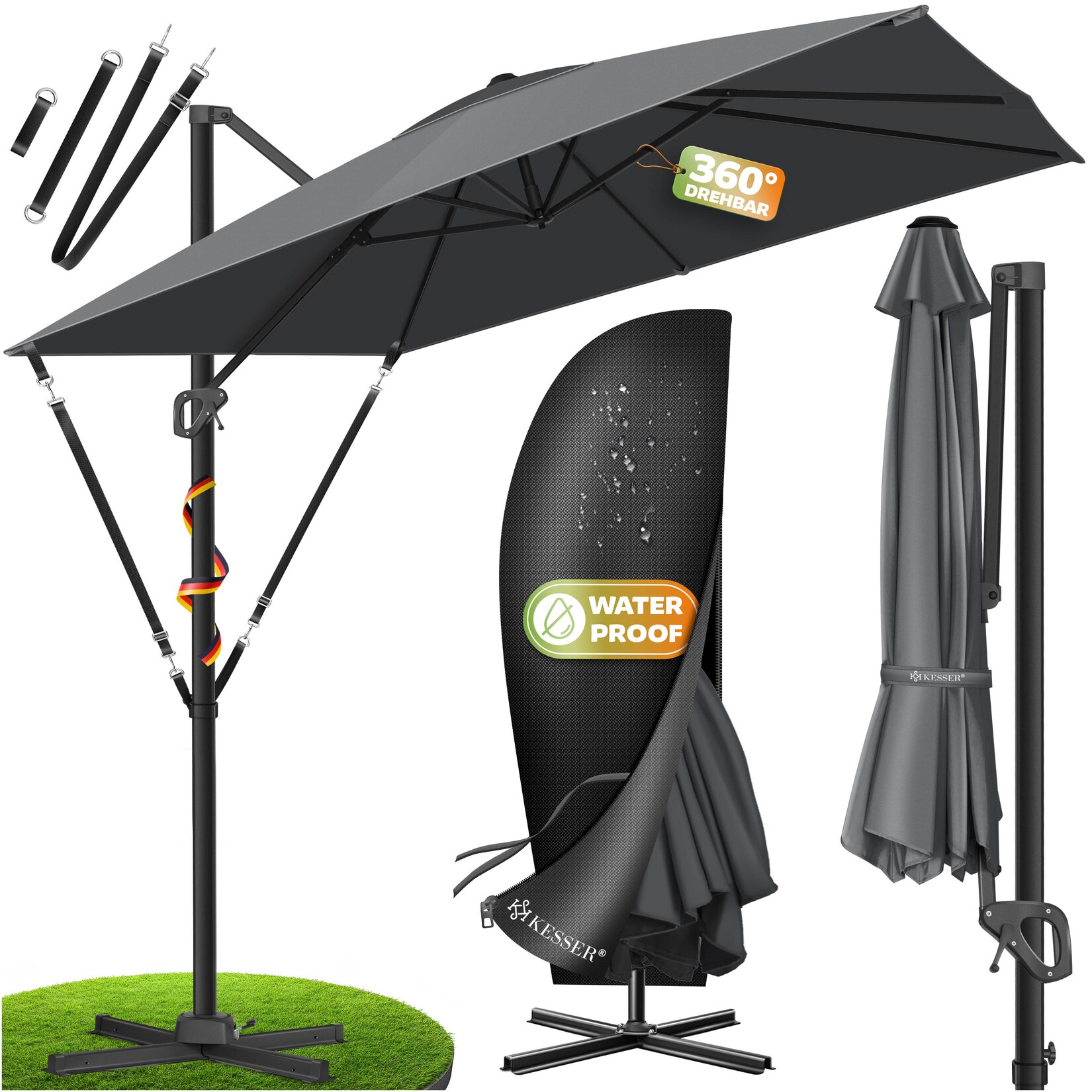 ® Sonnenschirm Ampelschirm SUN XL 300 x 300 cm Inkl. Abdeckung +Windsicherung Drehbar Neigbar Kippbar Marktschirm Groß 360° Rotation, Gartenschirm mit Kurbel Sonnenschutz UV50+