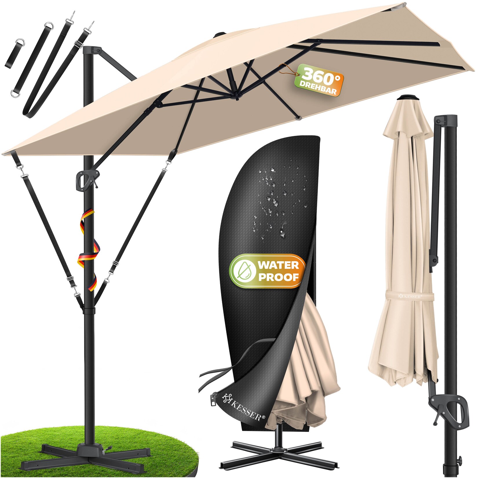 ® Sonnenschirm Ampelschirm SUN XL 300 x 300 cm Inkl. Abdeckung +Windsicherung Drehbar Neigbar Kippbar Marktschirm Groß 360° Rotation, Gartenschirm mit Kurbel Sonnenschutz UV50+
