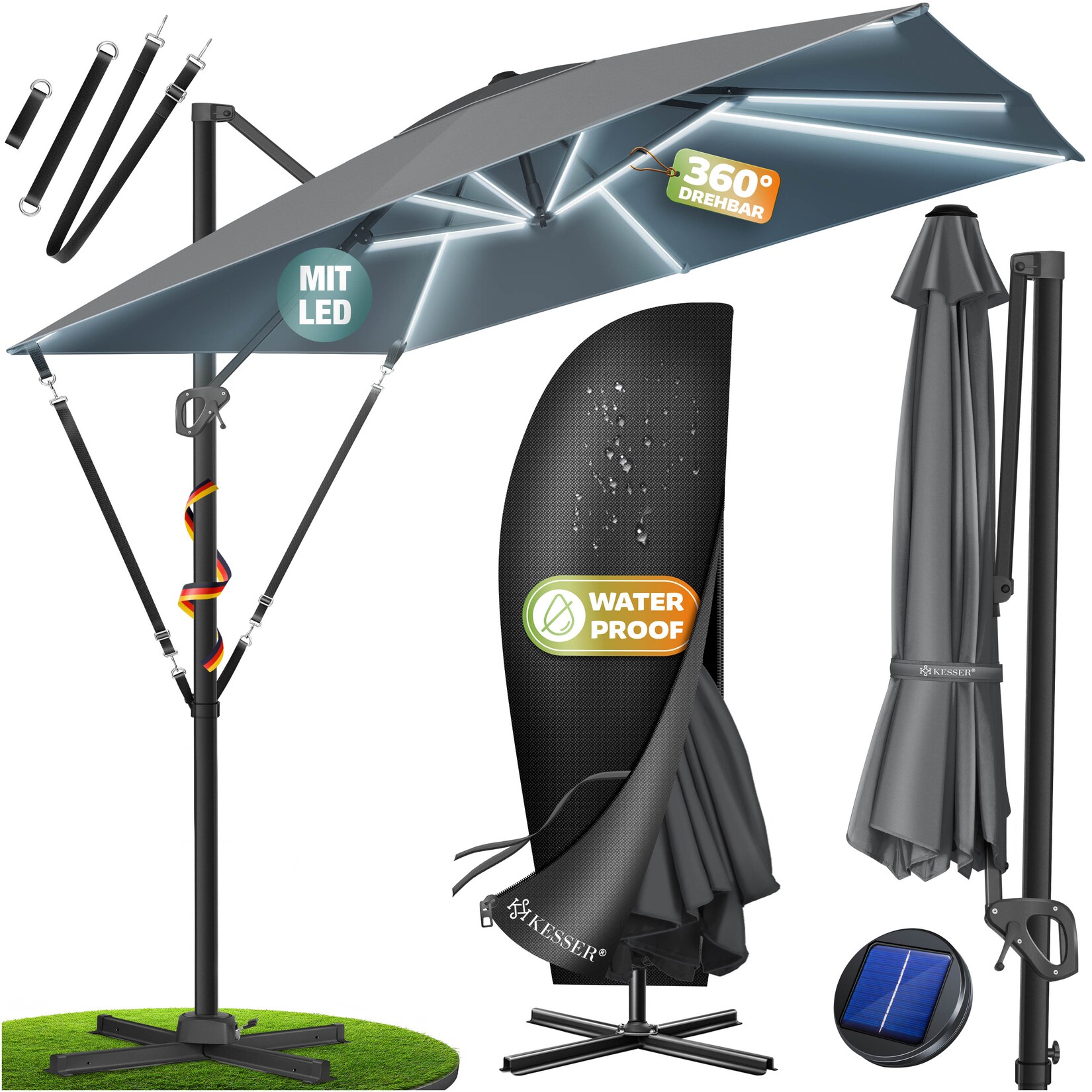 ® Sonnenschirm Ampelschirm SUN XL 300 x 300 cm Inkl. Abdeckung +Windsicherung Drehbar Neigbar Kippbar Marktschirm Groß 360° Rotation, Gartenschirm mit Kurbel Sonnenschutz UV50+