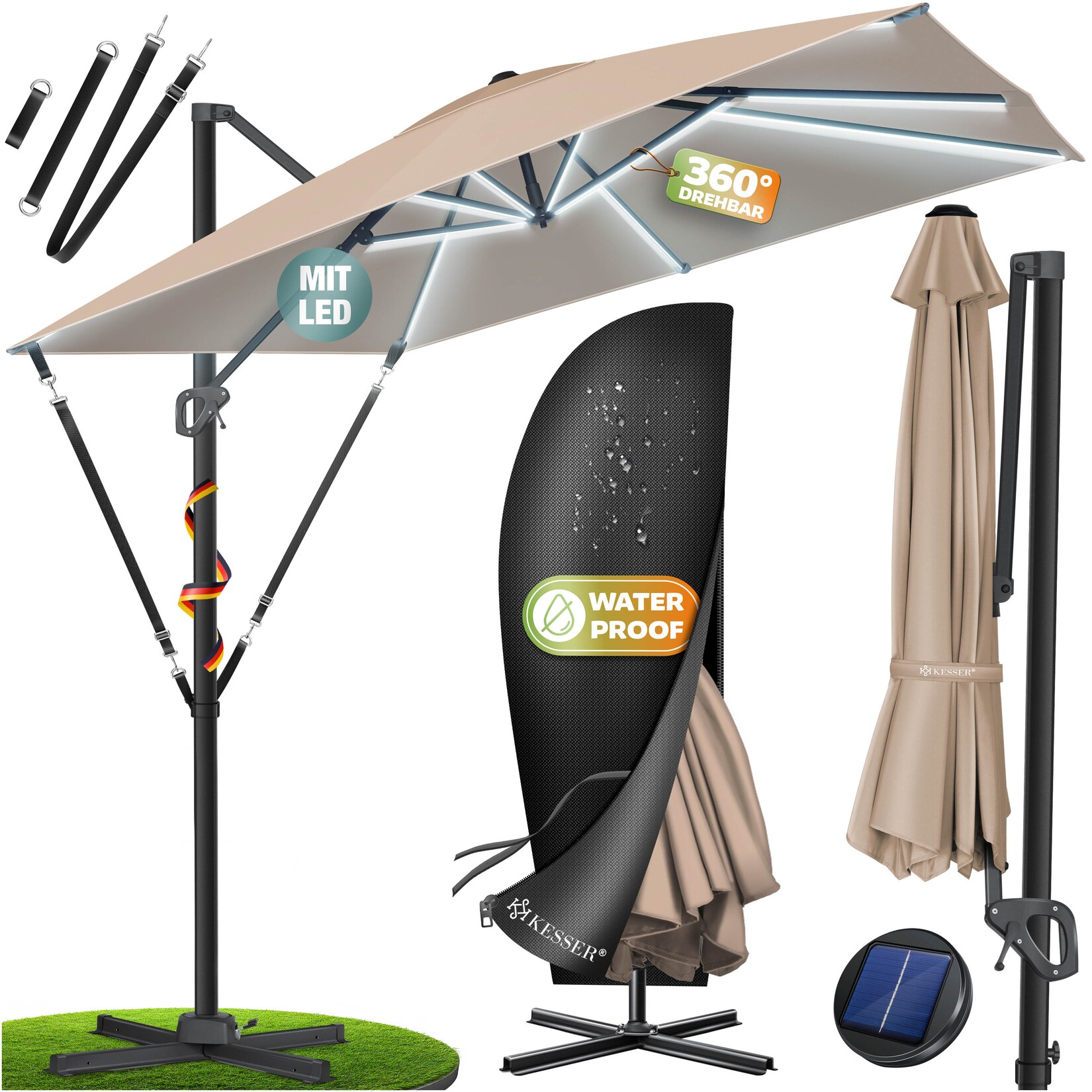 ® Sonnenschirm Ampelschirm SUN XL 300 x 300 cm Inkl. Abdeckung +Windsicherung Drehbar Neigbar Kippbar Marktschirm Groß 360° Rotation, Gartenschirm mit Kurbel Sonnenschutz UV50+