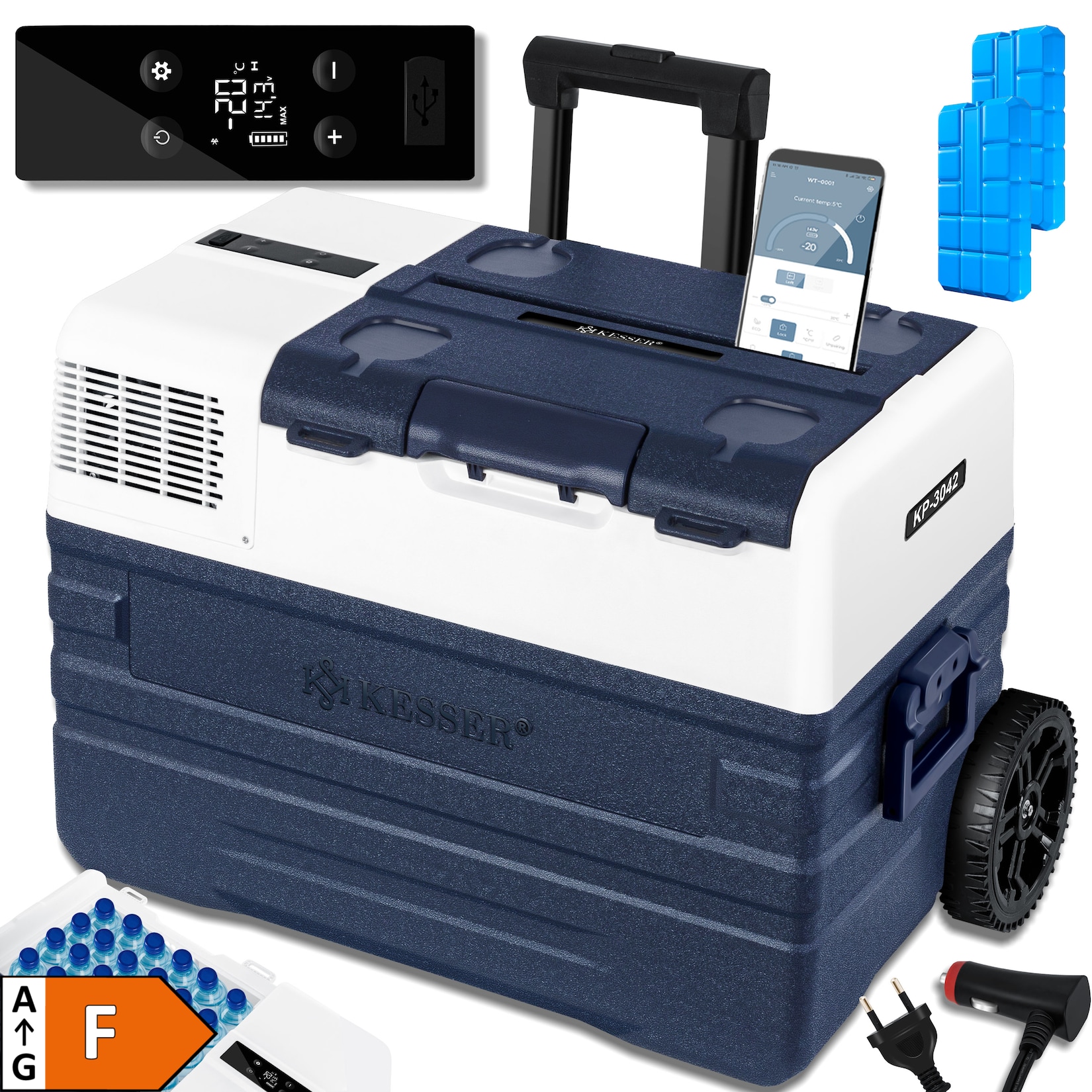 KESSER® Kompressor Kühlbox elektrisch Gefrierbox, Mit APP-Steuerung USB-Anschluss 12/24 V 230V, +Teleskopstange Räder Kü