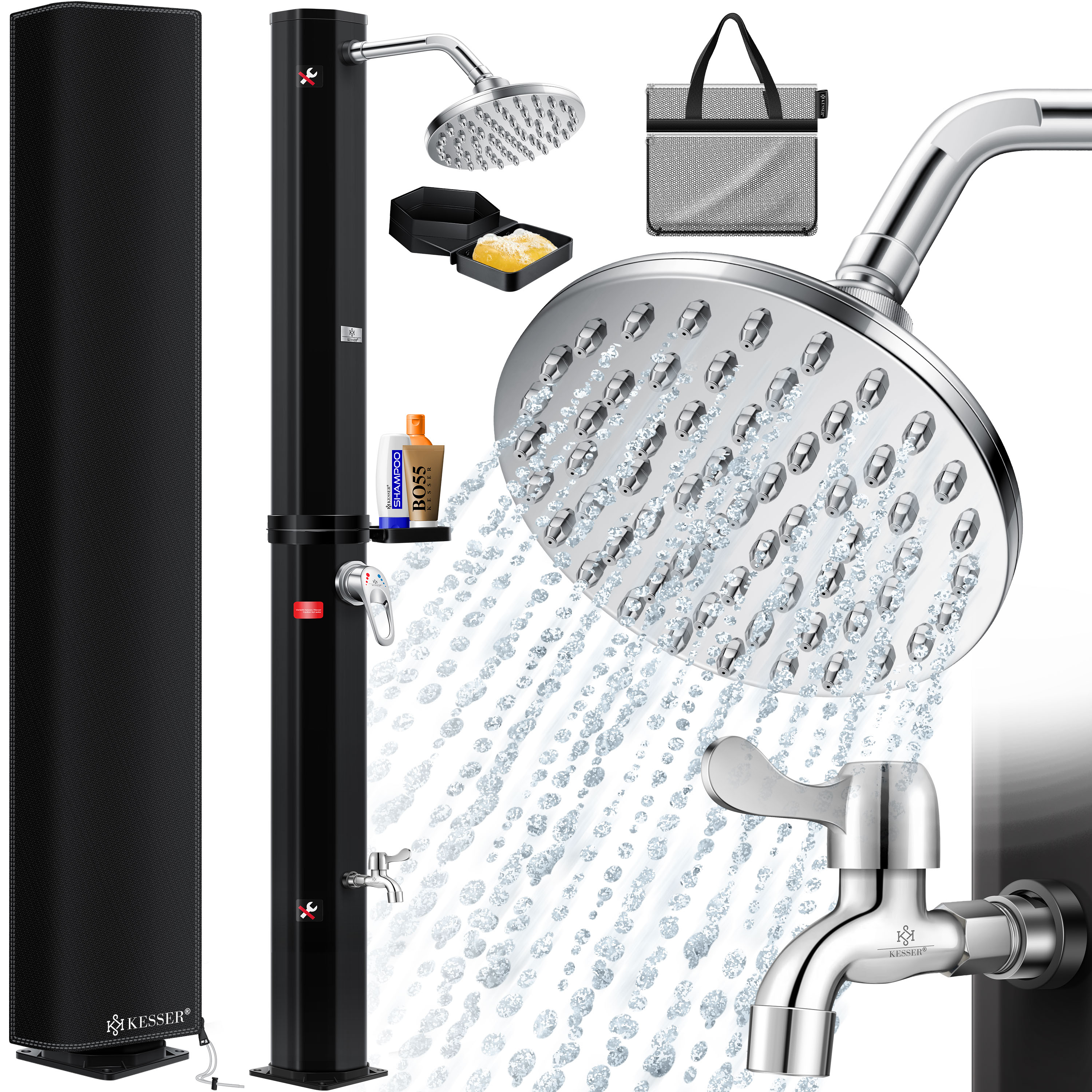 KESSER&reg; Solardusche 40- 60 Liter Solar Gartendusche | warmes Wasser |  max. 60&deg;C | Inkl. Metall-Duschablage & Schutzhaube | Pooldusche Camping| Regenduschkopf und Wasserhahn Gartenschlauch-Anschluss - Bild 1