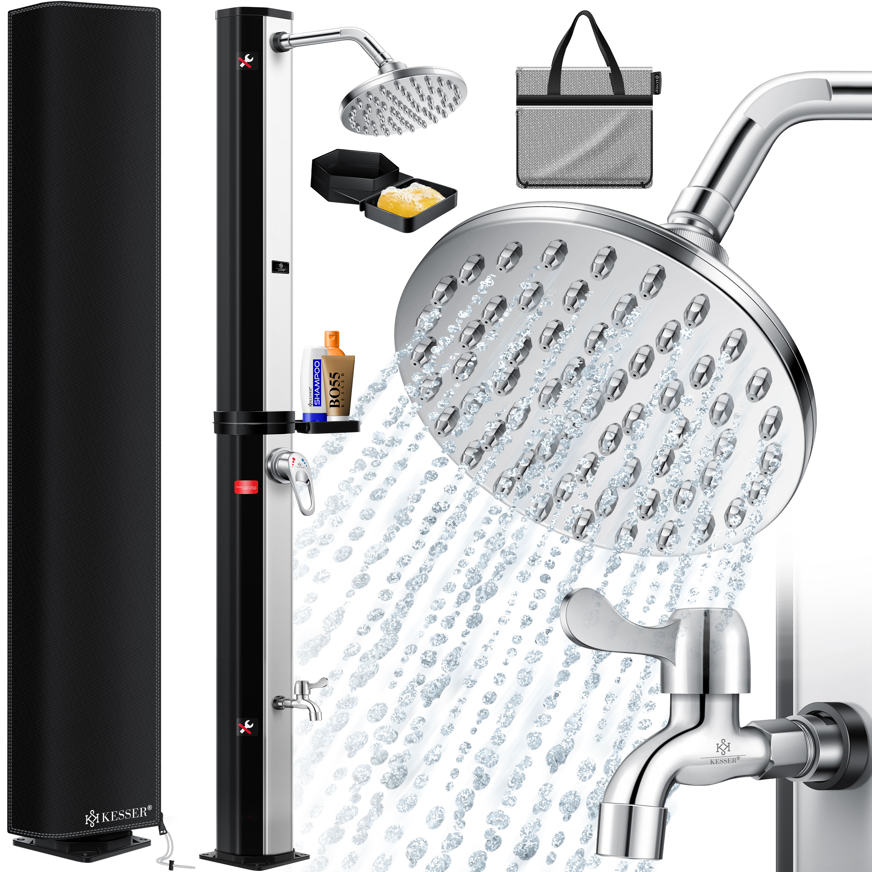 KESSER&reg; Solardusche 40- 60 Liter Solar Gartendusche | warmes Wasser |  max. 60&deg;C | Inkl. Metall-Duschablage & Schutzhaube | Pooldusche Camping| Regenduschkopf und Wasserhahn Gartenschlauch-Anschluss - Bild 1