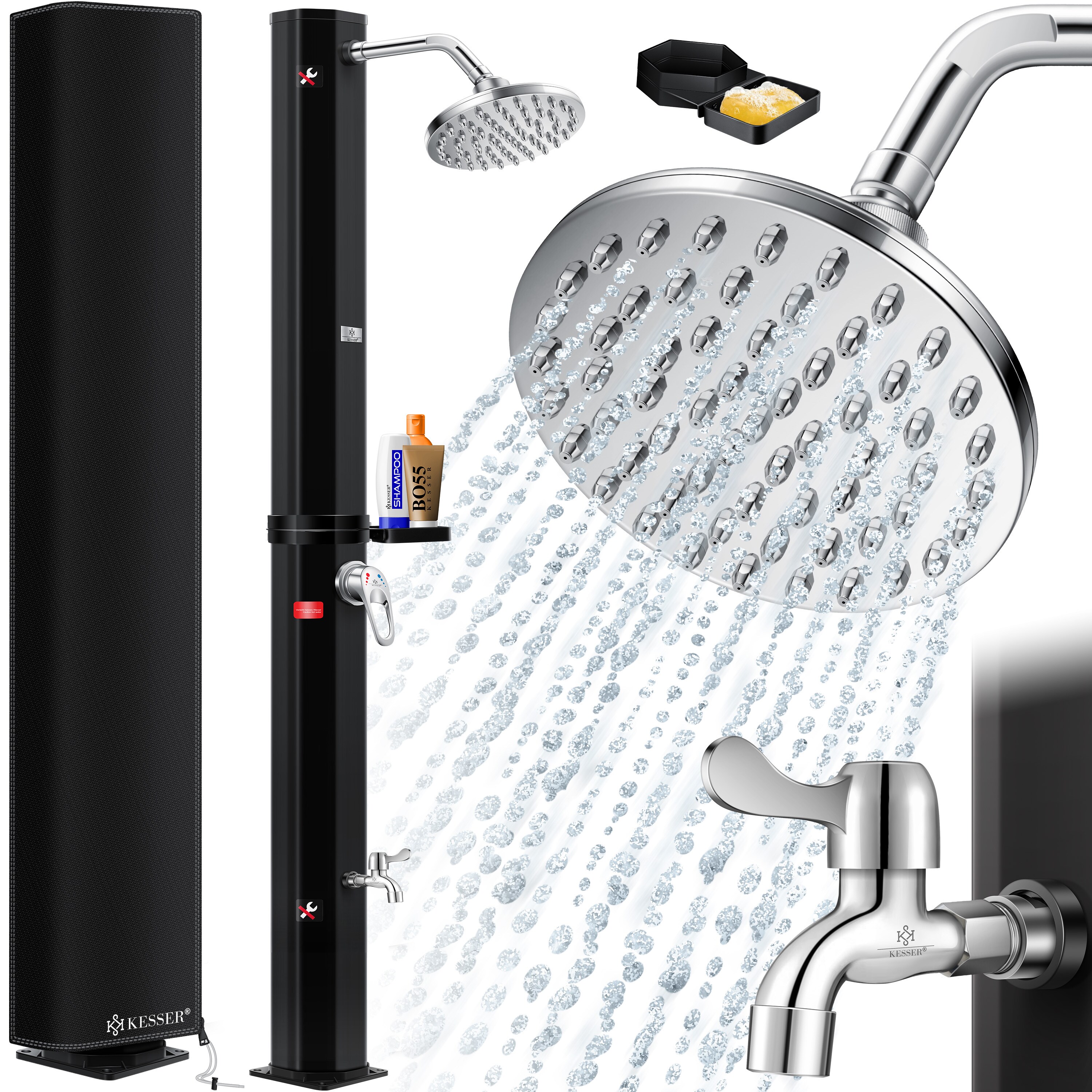 KESSER&reg; Solardusche 40- 60 Liter Solar Gartendusche | warmes Wasser |  max. 60&deg;C | Inkl. Metall-Duschablage & Schutzhaube | Pooldusche Camping| Regenduschkopf und Wasserhahn Gartenschlauch-Anschluss - Bild 1