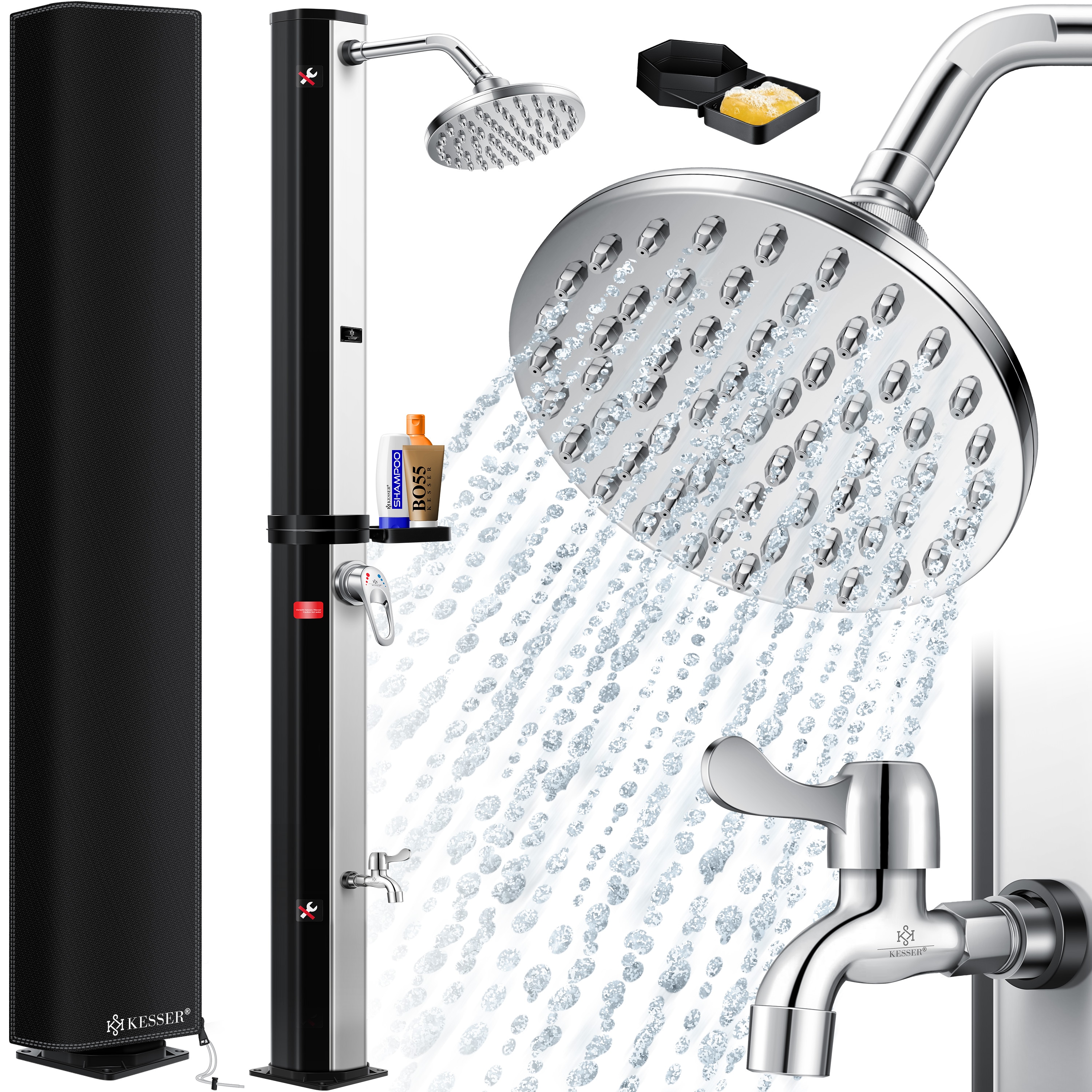KESSER&reg; Solardusche 40- 60 Liter Solar Gartendusche | warmes Wasser |  max. 60&deg;C | Inkl. Metall-Duschablage & Schutzhaube | Pooldusche Camping| Regenduschkopf und Wasserhahn Gartenschlauch-Anschluss - Bild 1