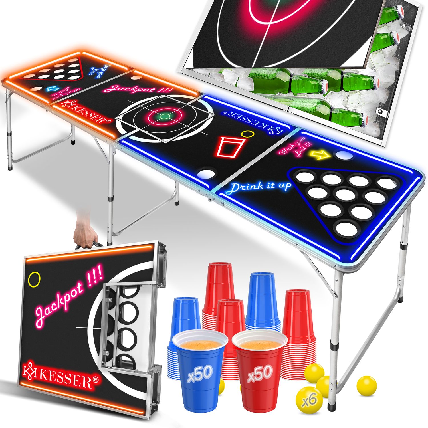 KESSER&reg; Beer Pong Tisch Set Mit LED-Action - inkl. 100 Becher (50 Rot & 50 Blau), 6 B&auml;lle + Regelwerk Partyspiele Trinkspiel Table H&ouml;henverstellbar Klappbarer - Bild 1