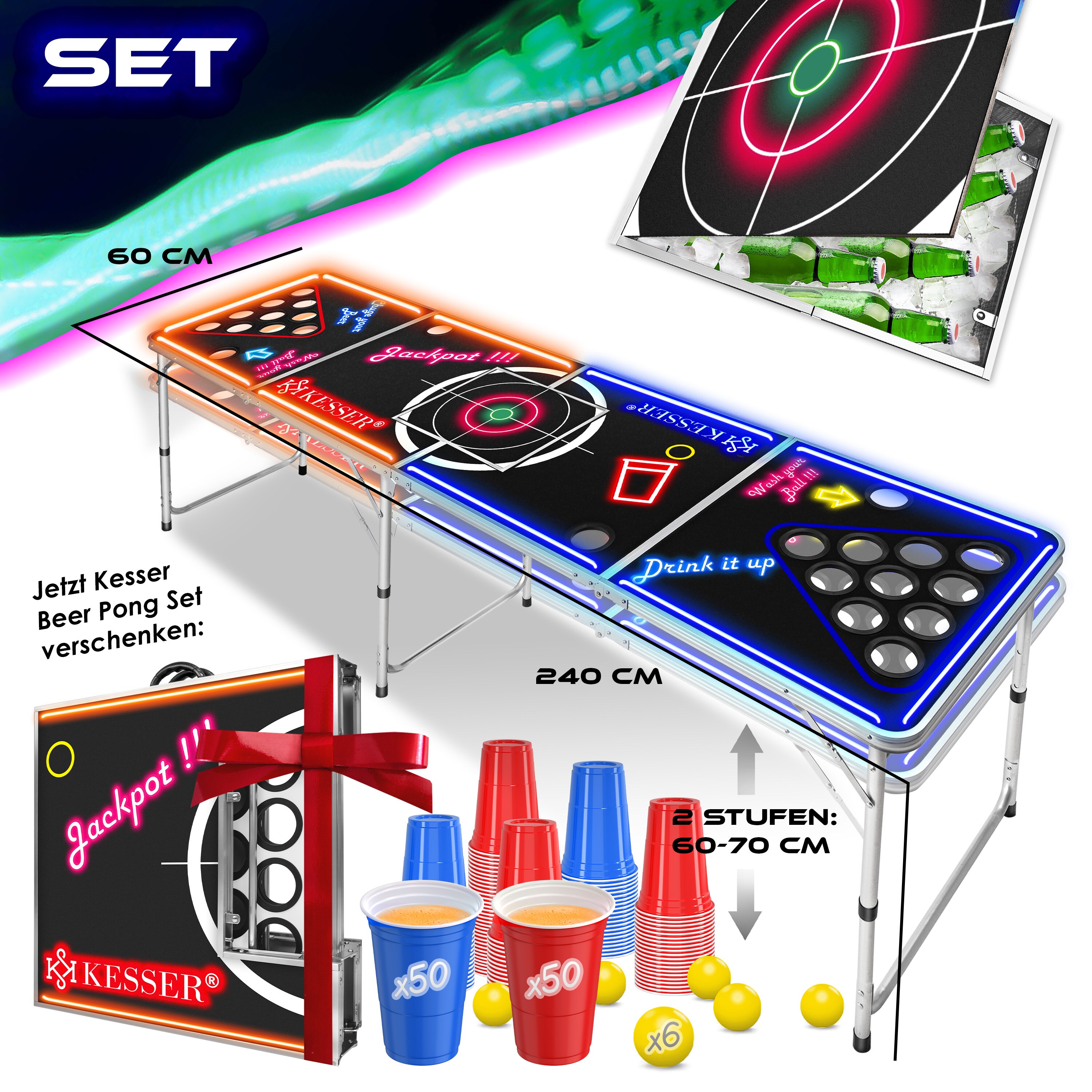 KESSER Table Beer Pong Avec LED – Set Complet 108 Pièces : 100 Gobelets, 6 Balles, Jeu De Cartes à Boire – Hauteur Réglable, Pliable – Idéal Pour Fêtes