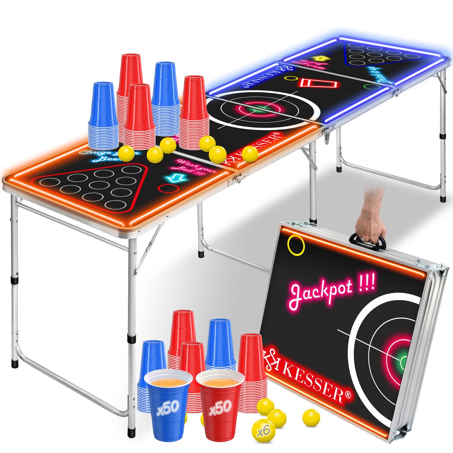 KESSER&reg; Beer Pong Tisch Set Mit LED-Action - inkl. 100 Becher (50 Rot & 50 Blau), 6 B&auml;lle + Regelwerk Partyspiele Trinkspiel Table H&ouml;henverstellbar Klappbarer - Bild 1