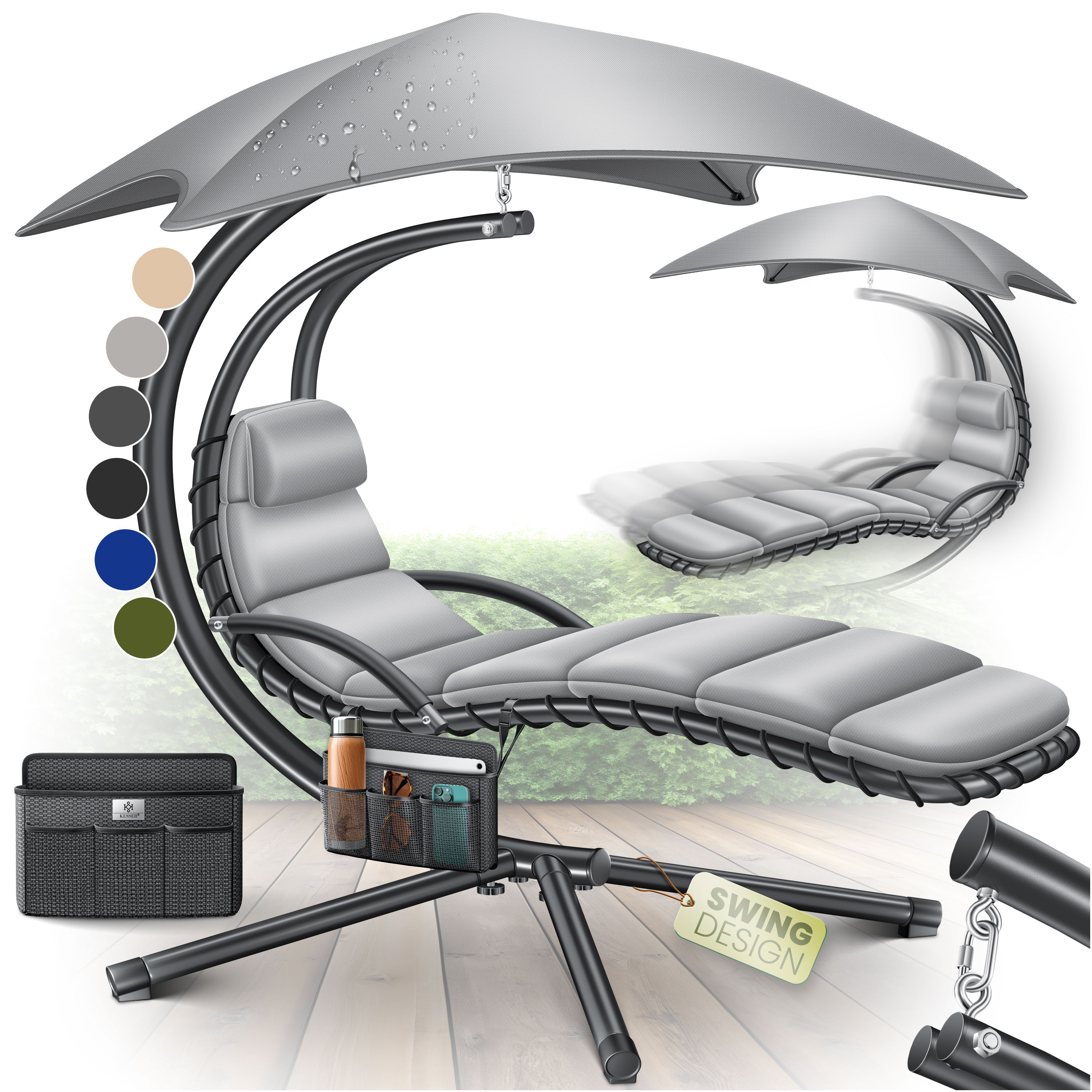 KESSER&reg; Schwebeliege mit Sonnenschirm, H&auml;ngeliege , Sonnenliege H200, L194, B100 cm, Relaxliege, Schaukelliege H&auml;ngematte , bis 120 kg belastbar , Schaukelliege, Auflagen - Nackenkissen - Bild 1
