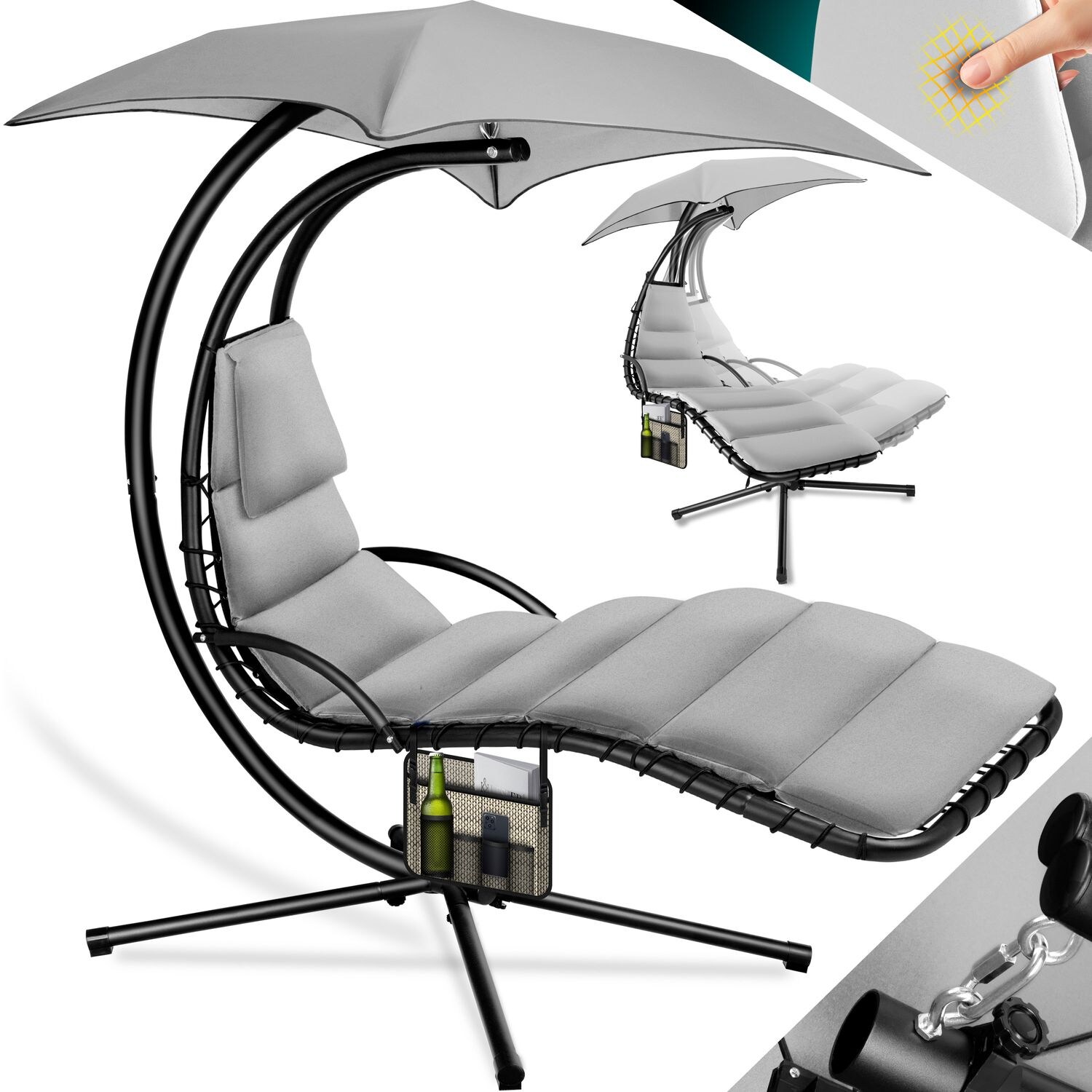 KESSER® Schwebeliege mit Sonnenschirm, Hängeliege , Sonnenliege H200, L194, B100 cm, Relaxliege, Schaukelliege Hängematte , bis 120 kg belastbar , Schaukelliege, Auflagen – Nackenkissen | 04260729119179