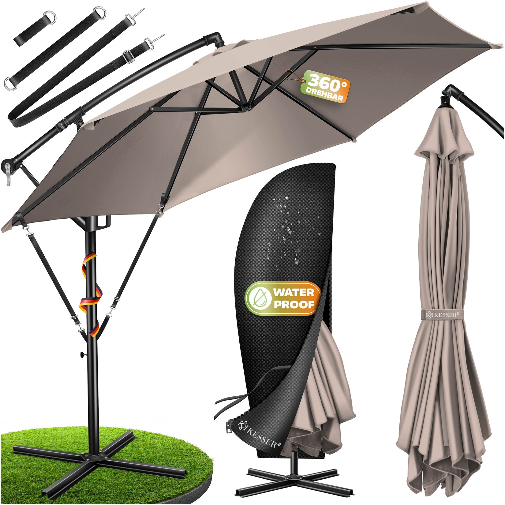 ® Alu Ampelschirm Sonnenschirm + Abdeckung Ø300 cm / Ø350 cm mit Kurbelvorrichtung Kurbelschirm mit Ständer UV-Schutz Aluminium Wasserabweisende Bespannung - Schirm Gartenschirm Marktschirm
