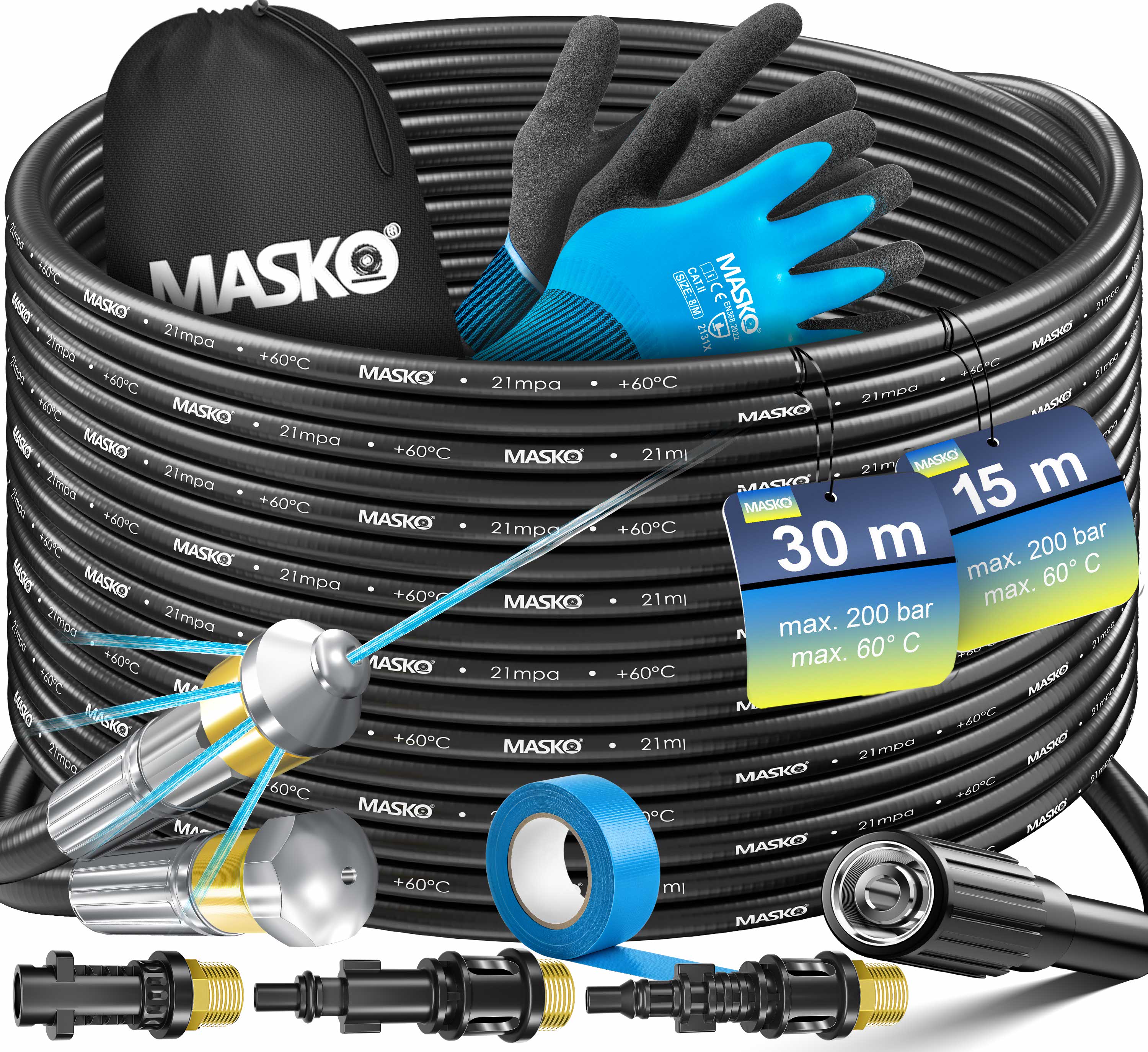MASKO&reg; Premium Rohrreinigungsschlauch Set Abflussreiniger 30m, 200 bar inkl. Tasche 3 Adapter 2 D&uuml;sen kompatibel mit K&auml;rcher k2-k7 LAVOR Hochdruckreiniger Rohrreinigungsset + Handschuhe & Isolierband - Bild 1
