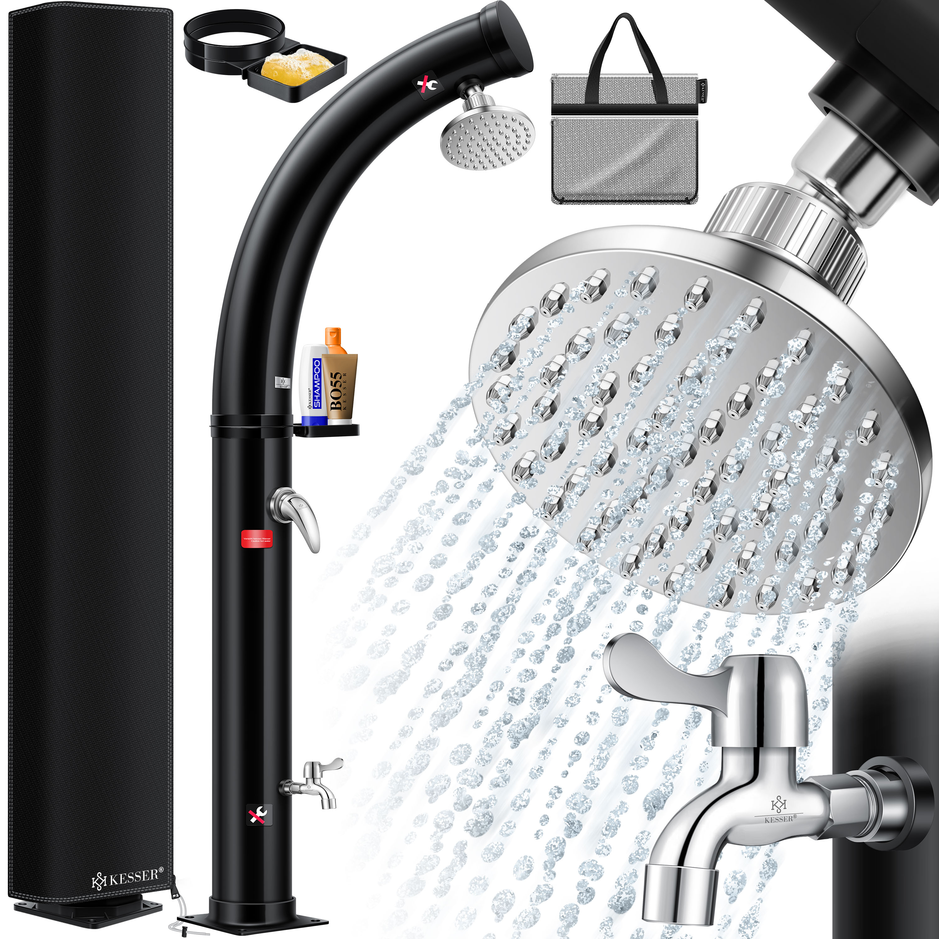 KESSER&reg; Solar Gartendusche Solardusche Bogen mit Metall-Duschablage Schutzhaube & Tasche | warmes Wasser max. 60&deg;C Pooldusche Camping | Regenduschkopf & Wasserhahn | Gartenschlauch-Anschluss - Bild 1