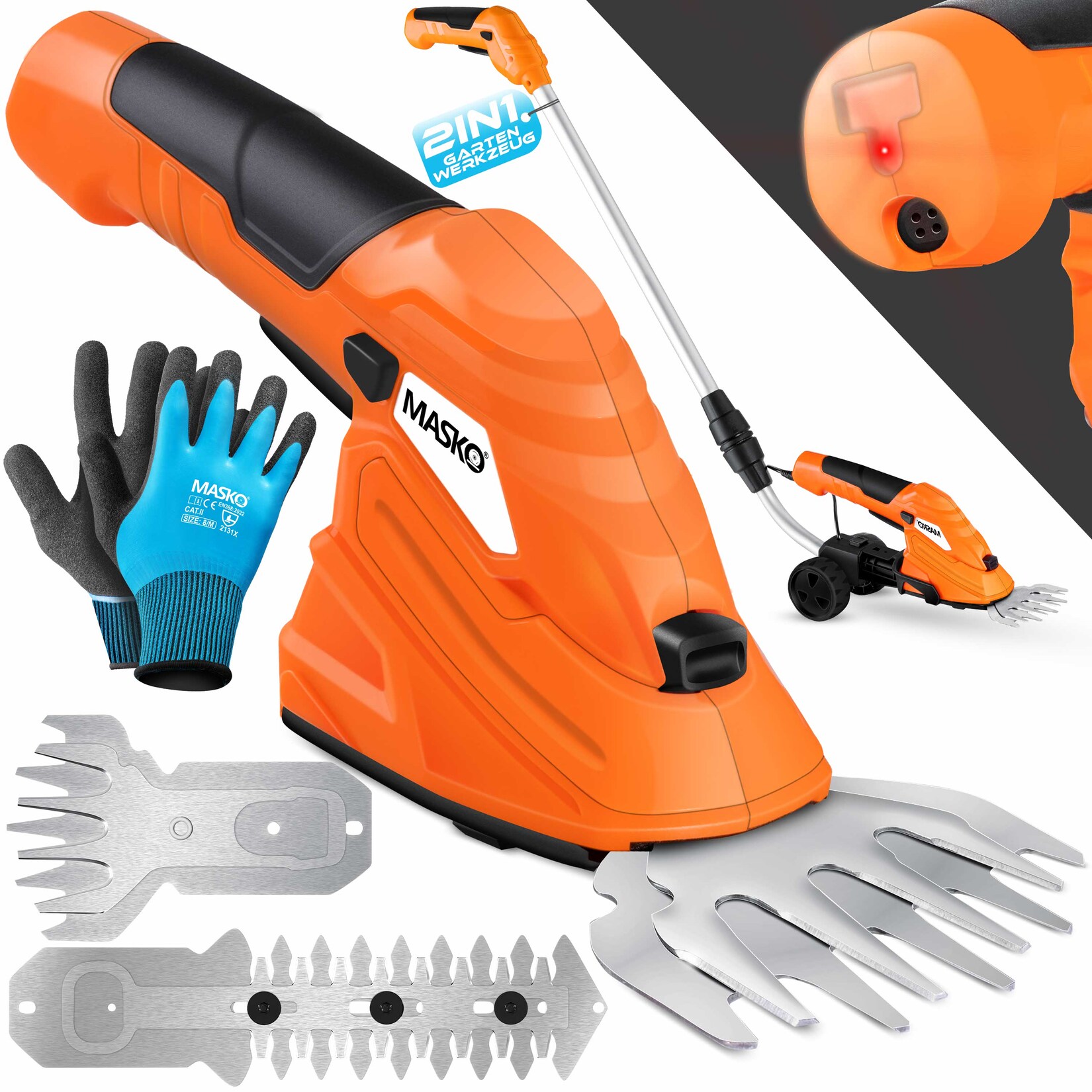 MASKO® Grasschere Strauchschere Set mit Akku 7,2V 2000mA/h + Ladegerät + Handschuhe elektrische Garten Heckenschere Rasenschere Inkl. Grasmesser + Strauchmesser + stiel Teleskopstange 90-130 cm Rädern | 04260729118721