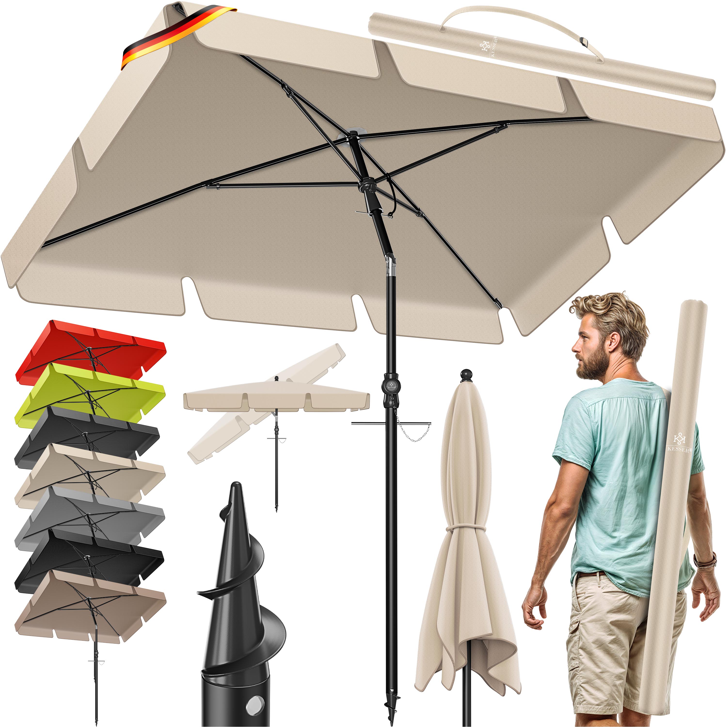 KESSER&reg; Sonnenschirm Rechteckig Inkl. 2in1 Abdeckung & Transporttasche Gartenschirm Terrassenschirm | Schirm 200 &times; 125cm f&uuml;r Balkon Garten & Terrasse | Neigungswinkel und H&ouml;he verstellbar - Bild 1
