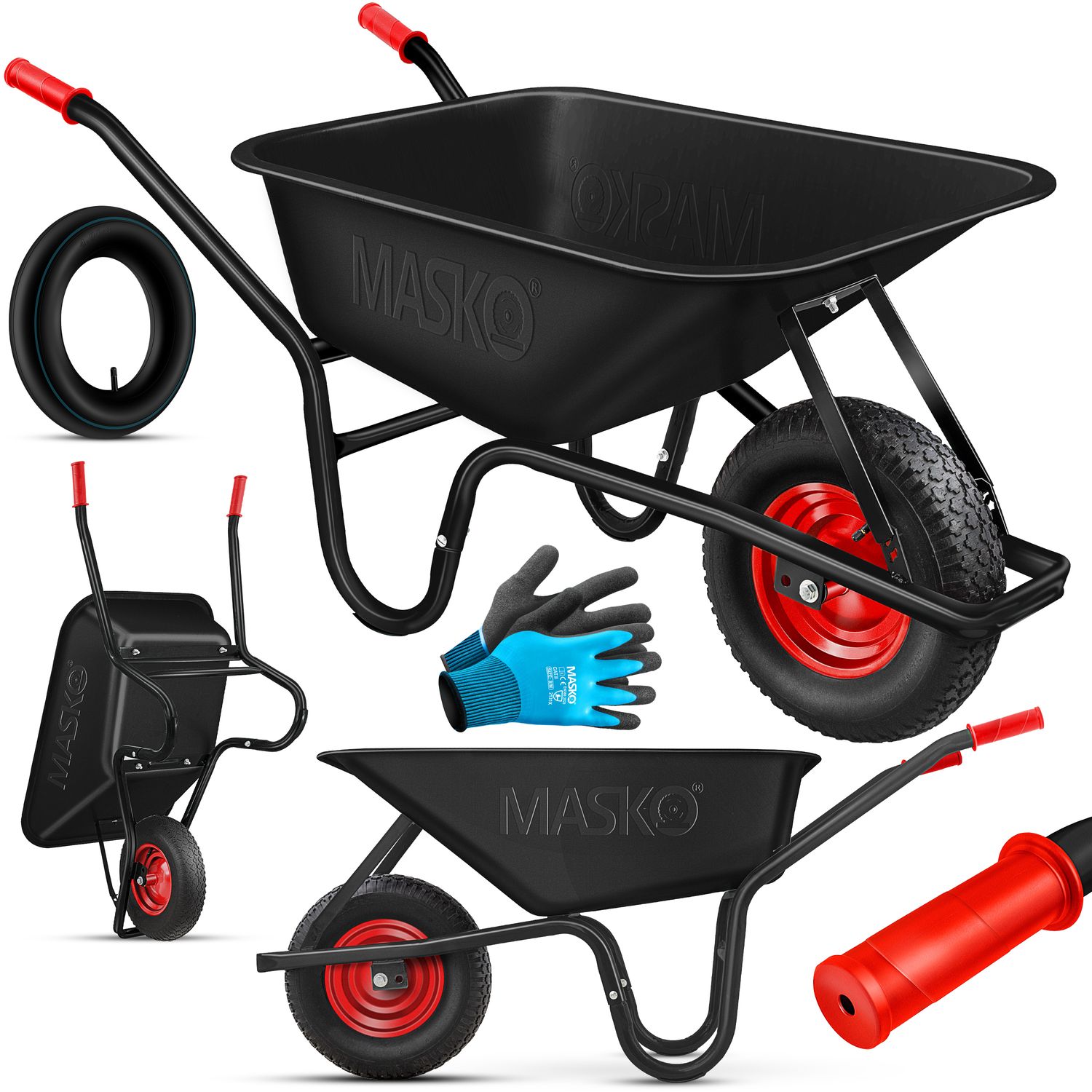 MASKO&reg; Schubkarre Bauschubkarre Gartenschubkarre 100 Liter bis 250kg Luftreifen mit Stahlfelge verzinkt Stahlrahmen Garten Karre Schiebkarre Transportkarre inkl. Arbeitshandschuhe - Bild 1