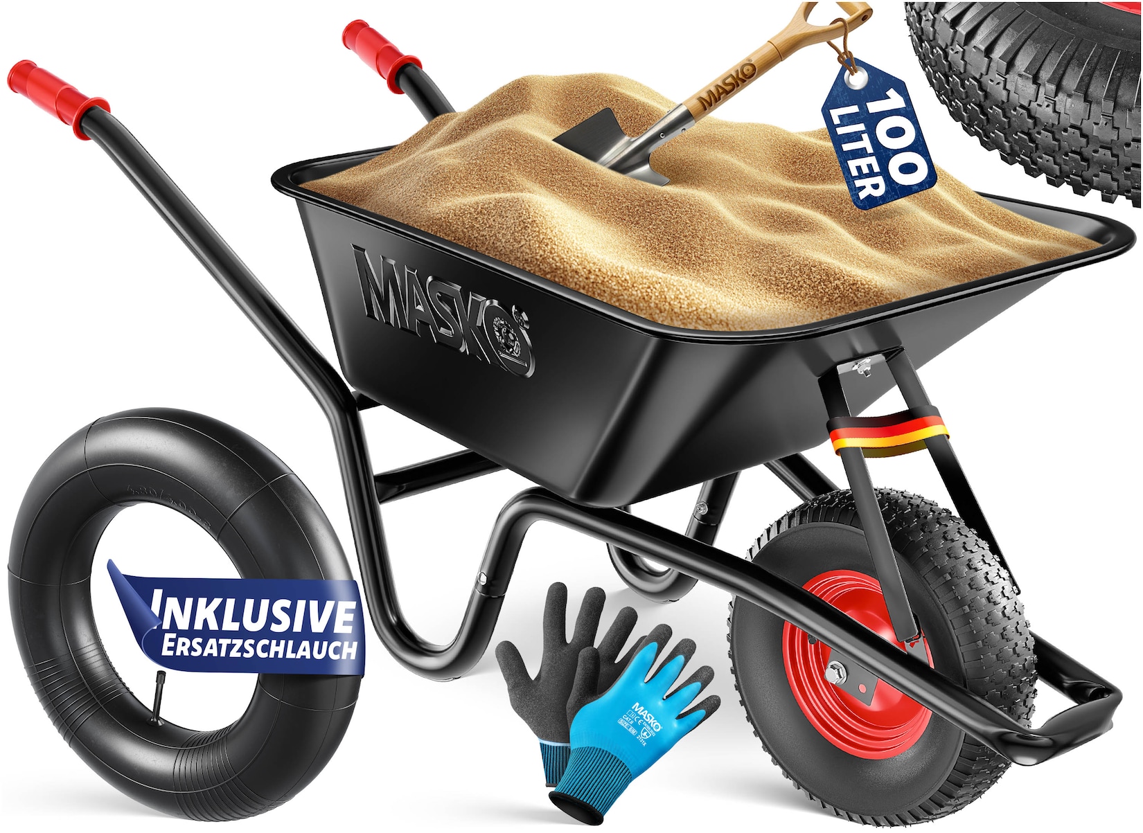 MASKO® Schubkarre Bauschubkarre Gartenschubkarre 100 Liter bis 250kg Luftreifen mit Stahlfelge verzinkt Stahlrahmen Garten Karre …