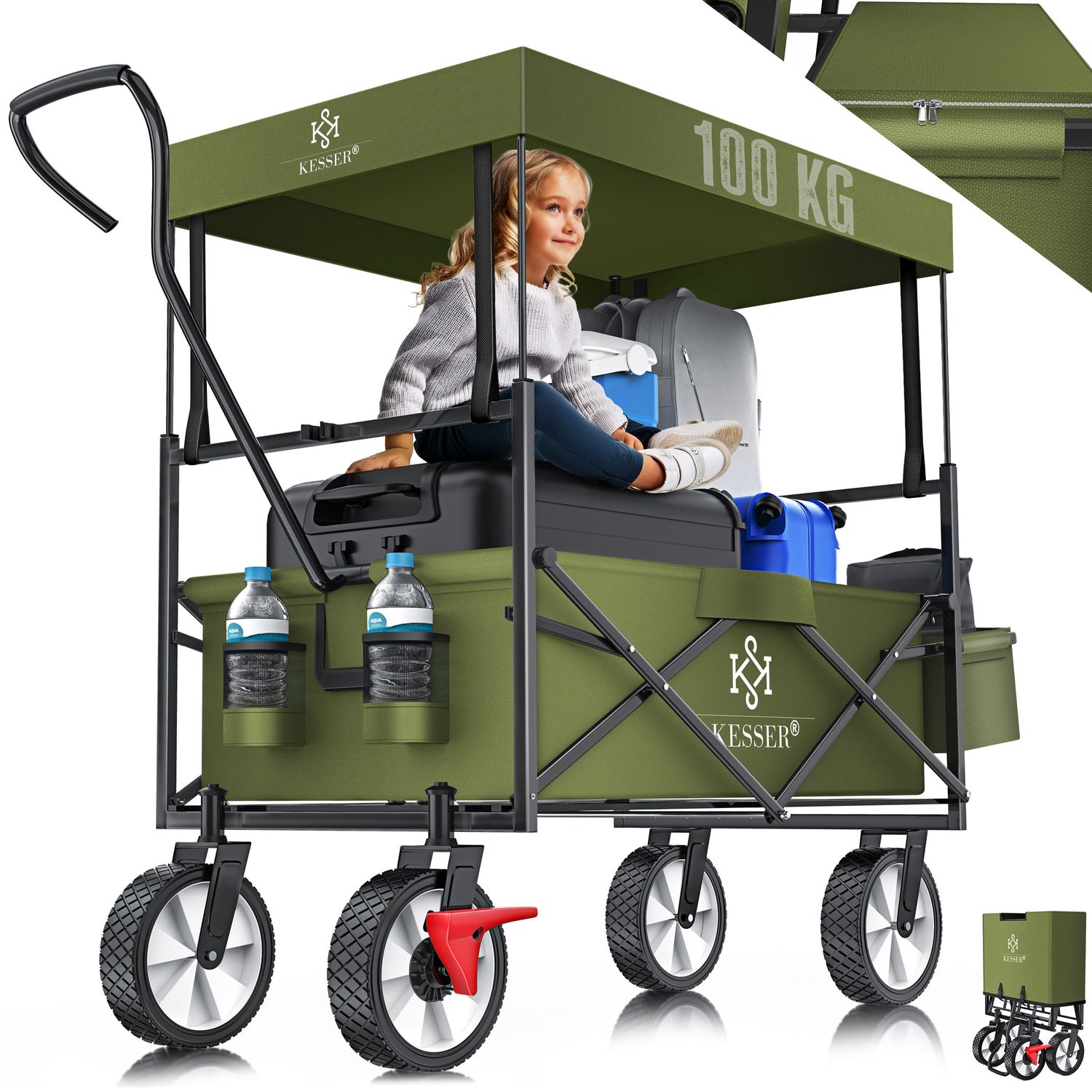 KESSER&reg; Bollerwagen faltbar mit Dach Handwagen Transportkarre Ger&auml;tewagen | inkl. 2 Netztaschen und Einer Au&szlig;entasche | klappbar | Vollgummi-Reifen | bis 100 kg Tragkraft | Mit Vorderrad-Bremse - Bild 1